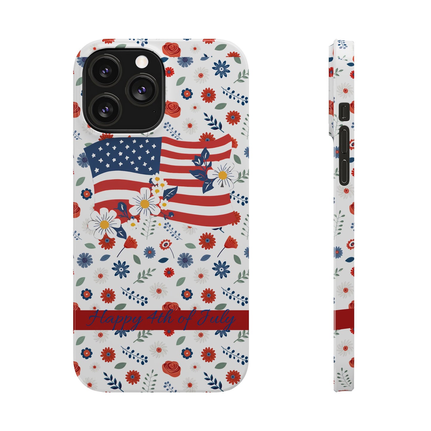 Patriotic Floral Phone Case, Slim Phone Case, USA Flag Case, Fourth of July Gift, Floral Design, Red White Blue Decor