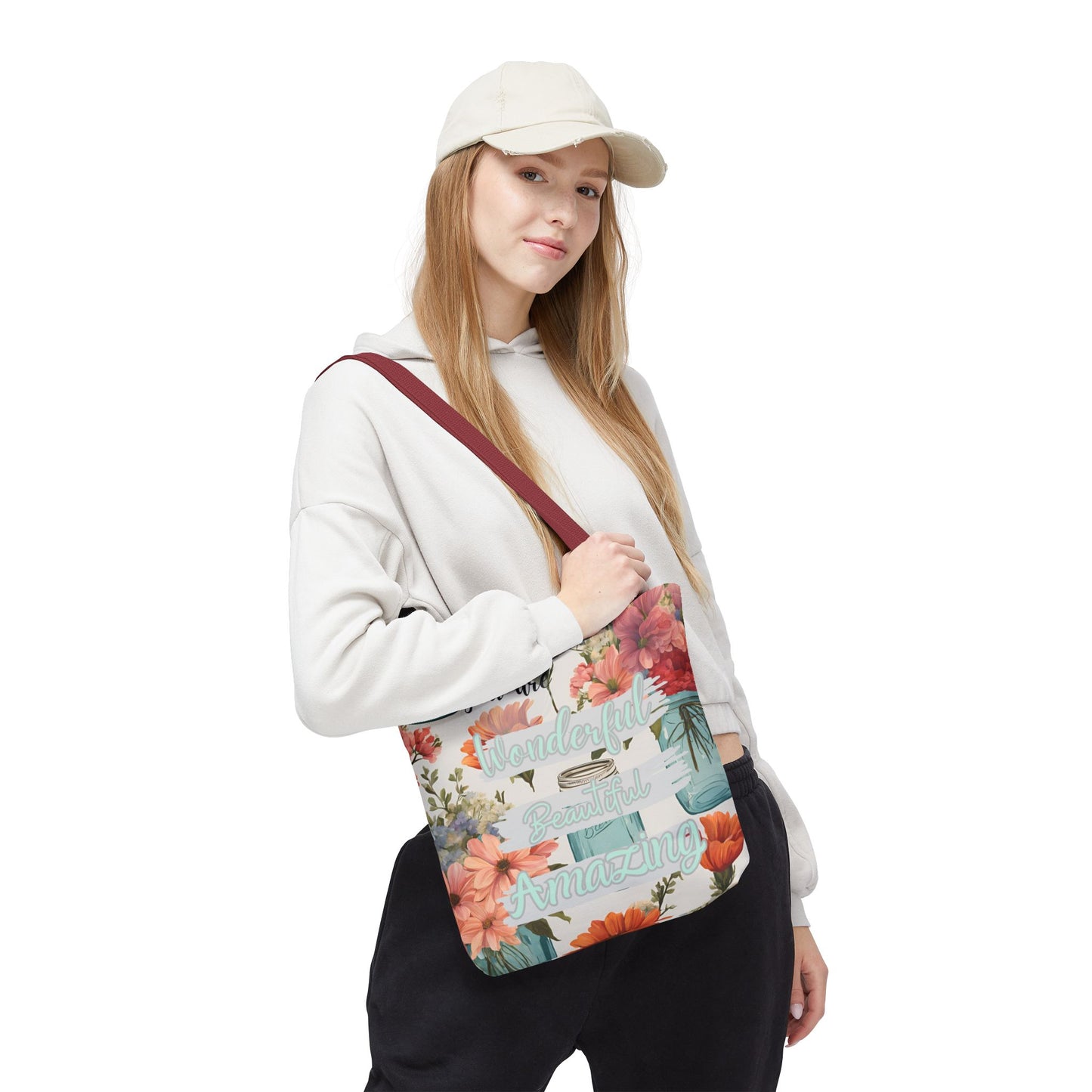 Floral Inspirational Tote Bag - You Are Wonderful, Beautiful, Amazing