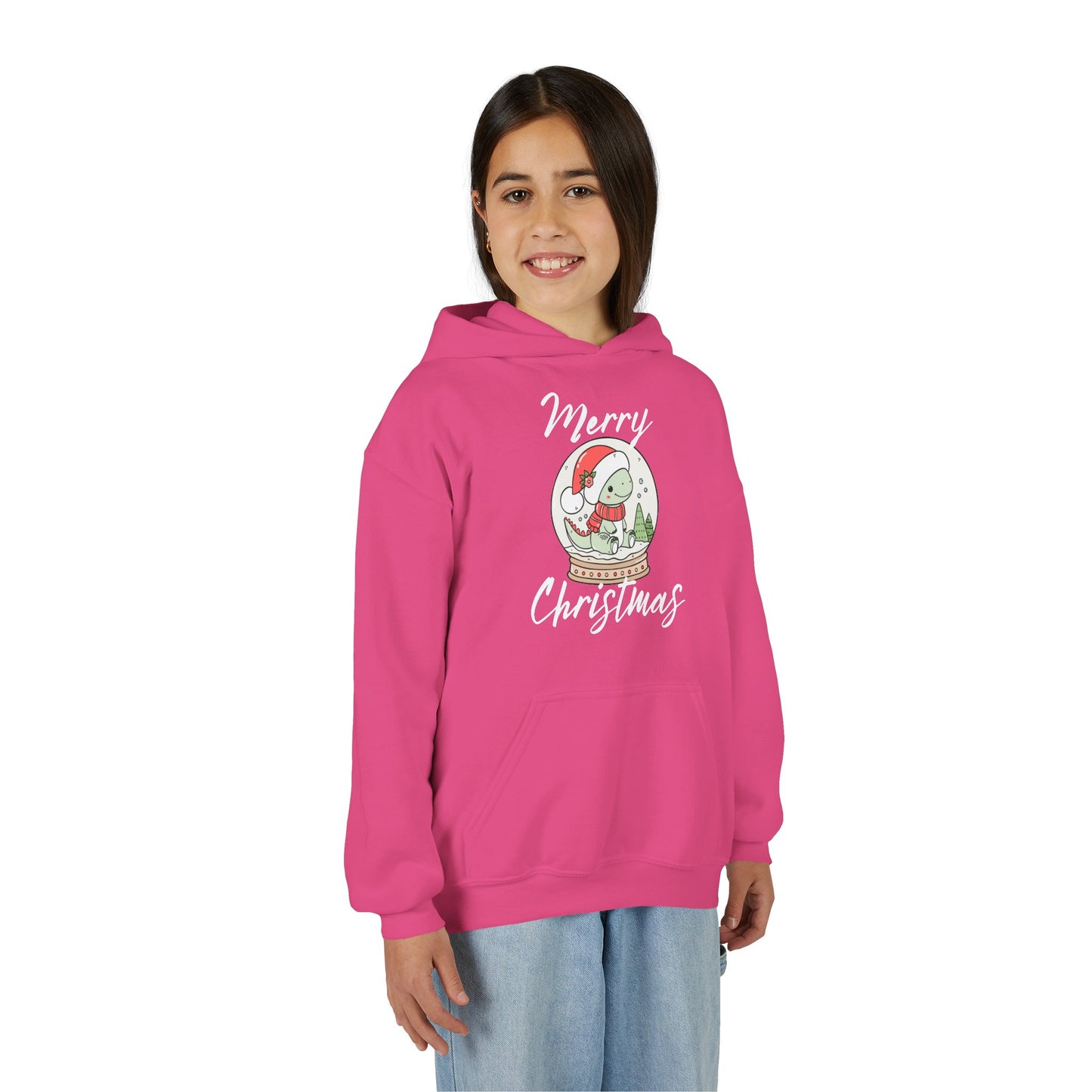Youth Christmas Hoodie — Merry Christmas Snow Globe Dinosaur Design