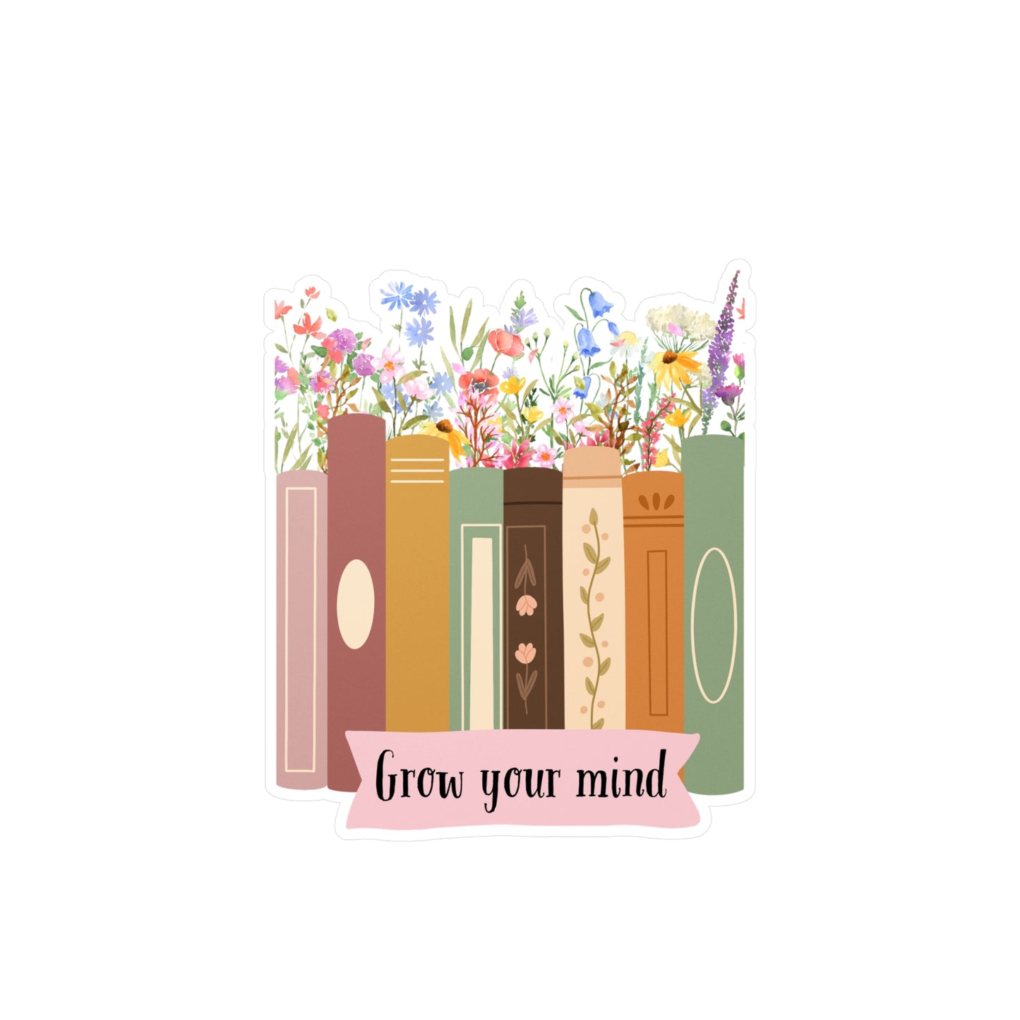 Grow Your Mind Floral Book Stickers - Inspirational Kiss-Cut Vinyl Decals for Book Lovers