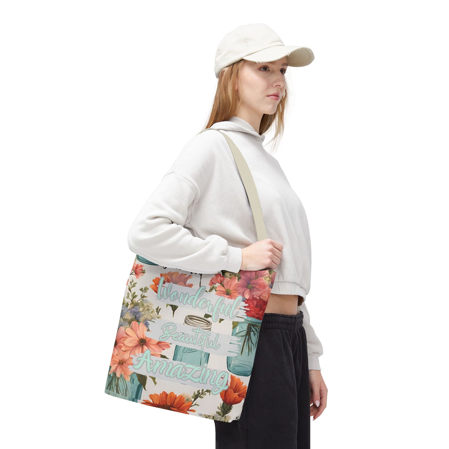 Floral Inspirational Tote Bag - You Are Wonderful, Beautiful, Amazing