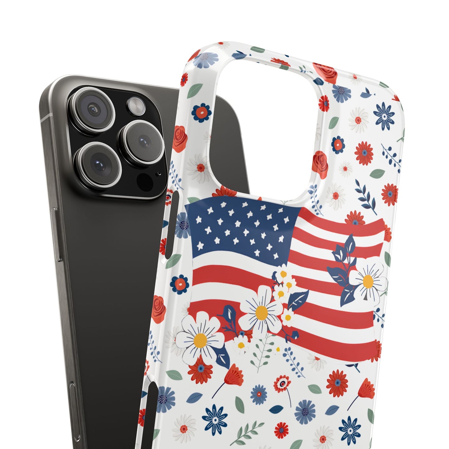Patriotic Floral Phone Case, Slim Phone Case, USA Flag Case, Fourth of July Gift, Floral Design, Red White Blue Decor