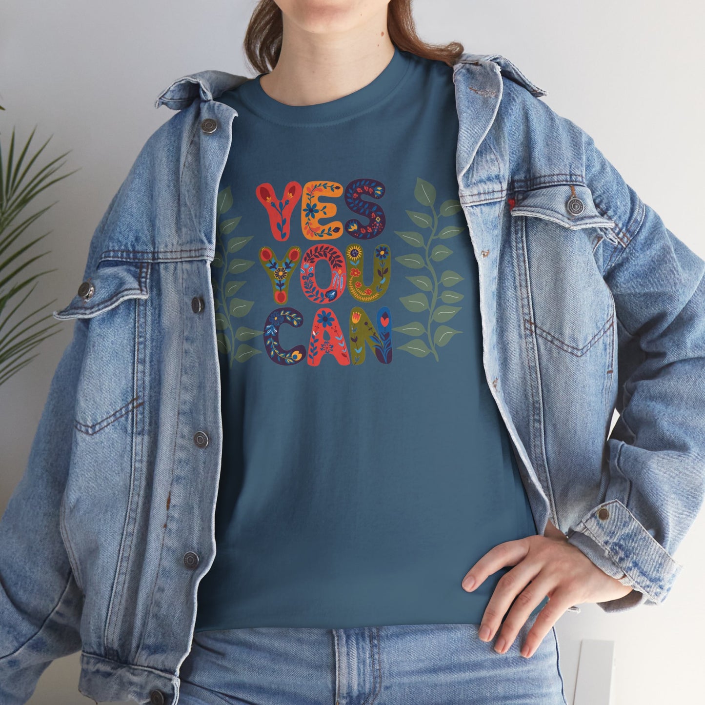 Motivational Unisex Heavy Cotton Tee - 'YES YOU CAN' Floral Design