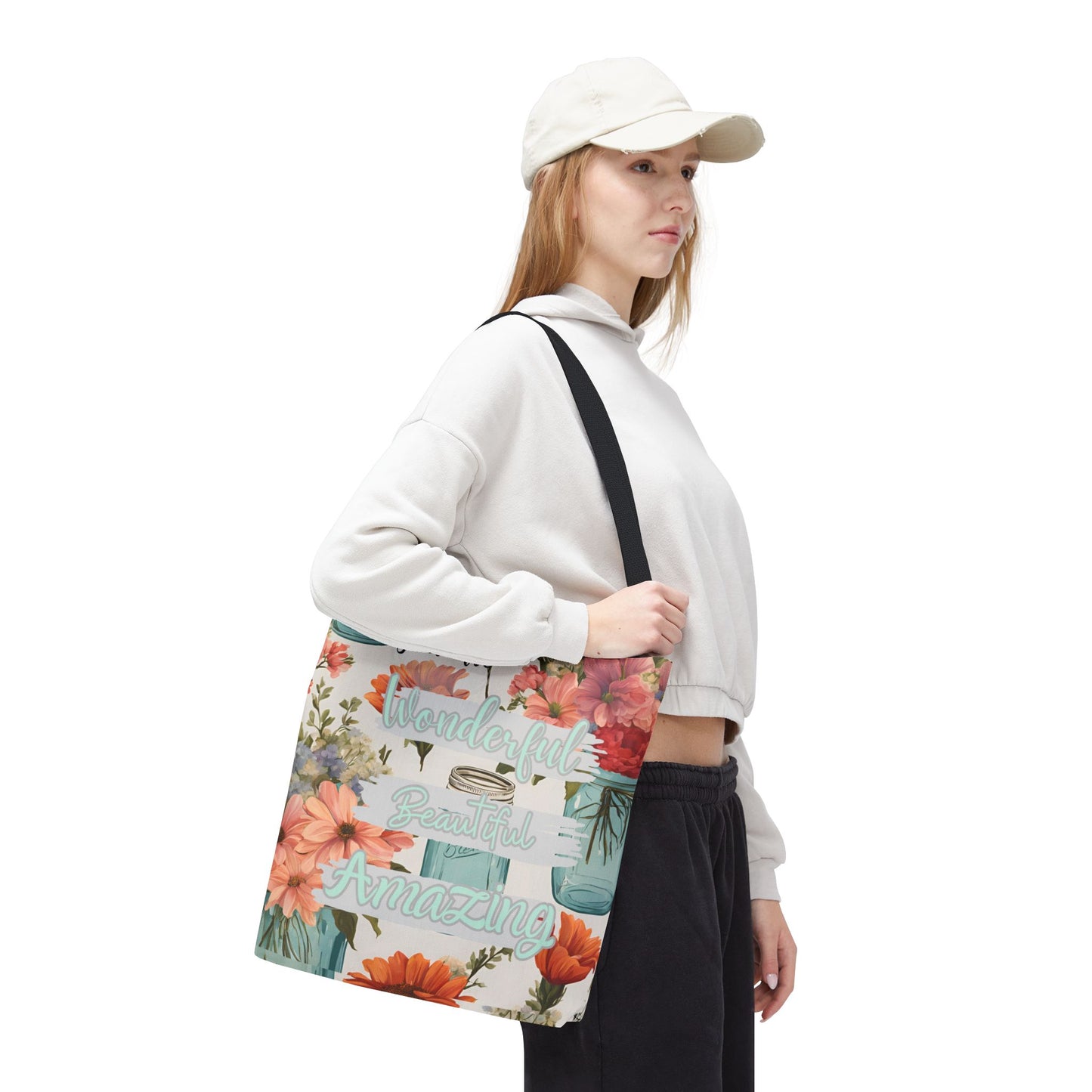 Floral Inspirational Tote Bag - You Are Wonderful, Beautiful, Amazing