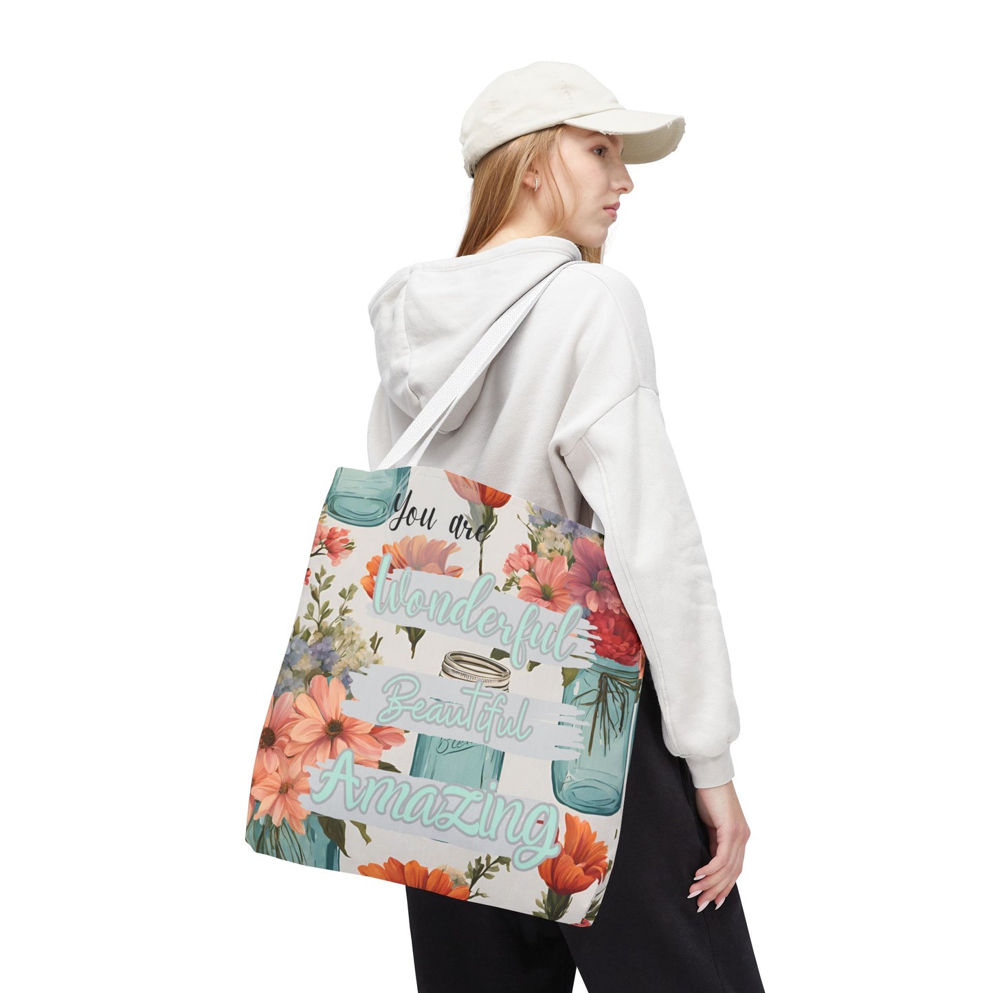 Floral Inspirational Tote Bag - You Are Wonderful, Beautiful, Amazing