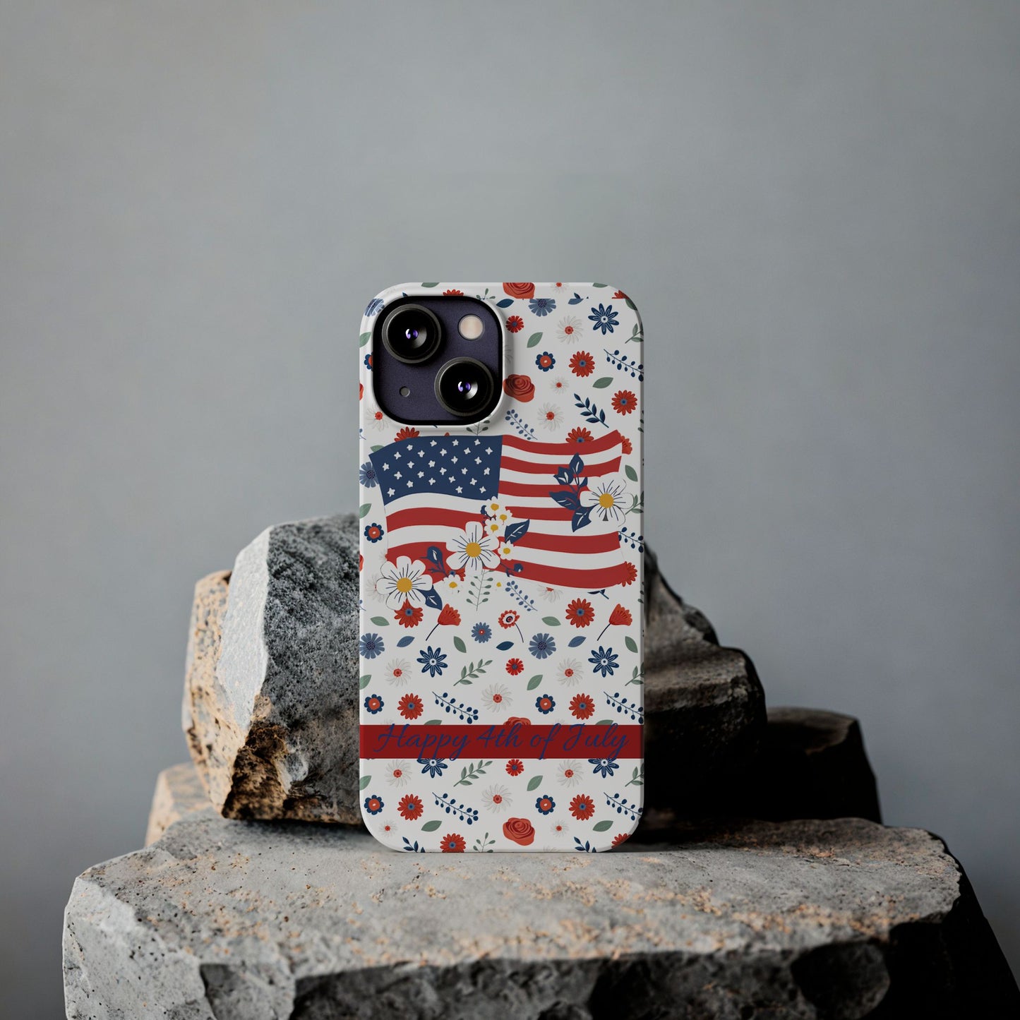 Patriotic Floral Phone Case, Slim Phone Case, USA Flag Case, Fourth of July Gift, Floral Design, Red White Blue Decor