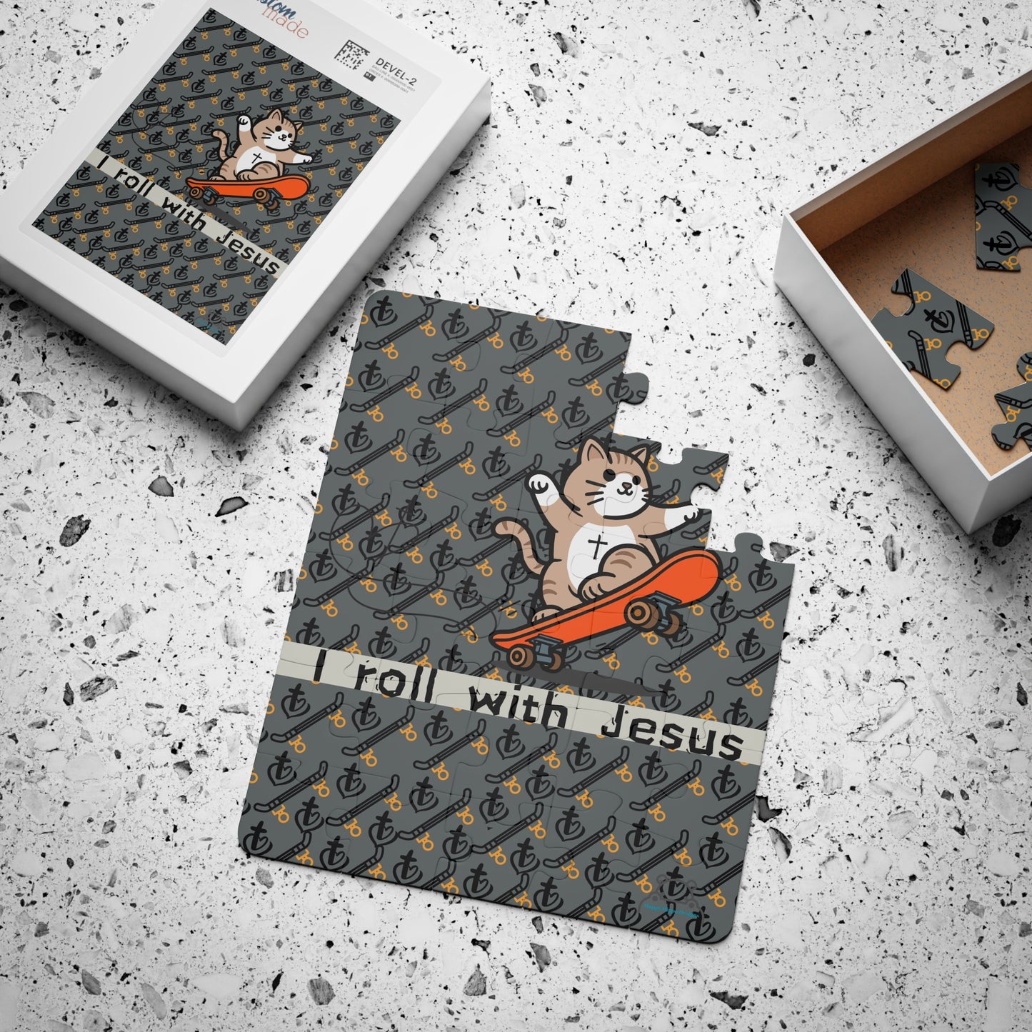 Kids Puzzle, Skateboarding Cat with Saying 'I Roll with Jesus', 30-Piece