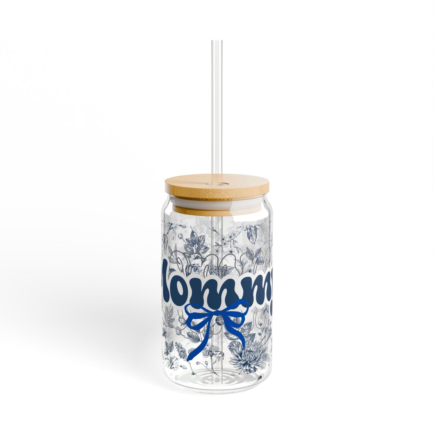 Sipper Glass Chinoiserie Floral Design for Mommy with Blue Bow - Mother's Day Gift