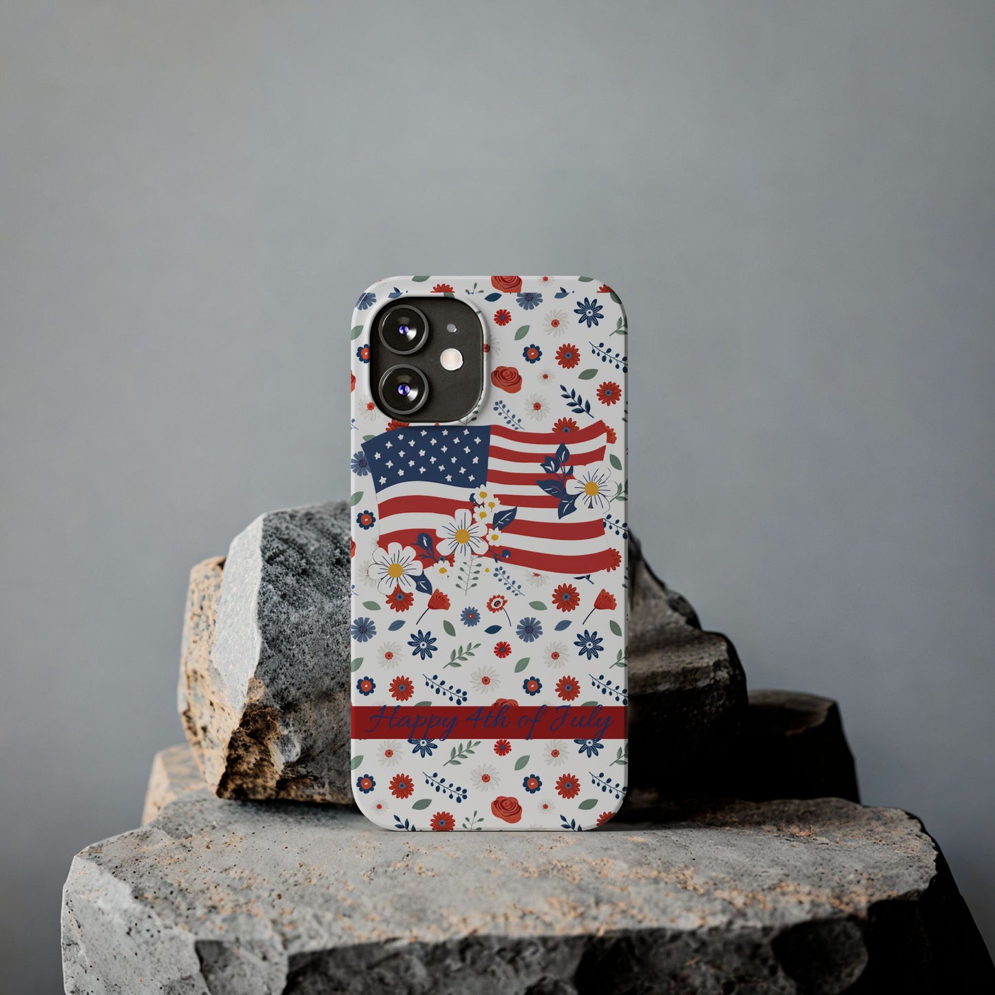 Patriotic Floral Phone Case, Slim Phone Case, USA Flag Case, Fourth of July Gift, Floral Design, Red White Blue Decor