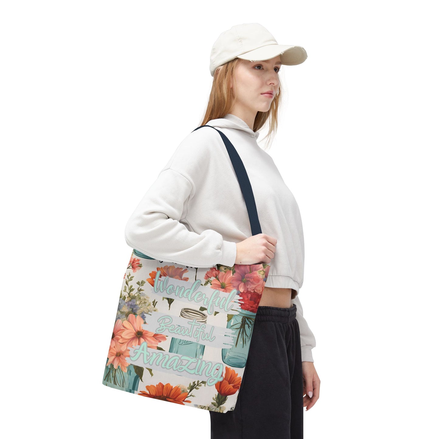 Floral Inspirational Tote Bag - You Are Wonderful, Beautiful, Amazing
