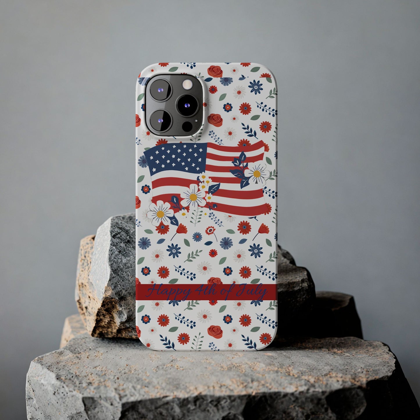 Patriotic Floral Phone Case, Slim Phone Case, USA Flag Case, Fourth of July Gift, Floral Design, Red White Blue Decor