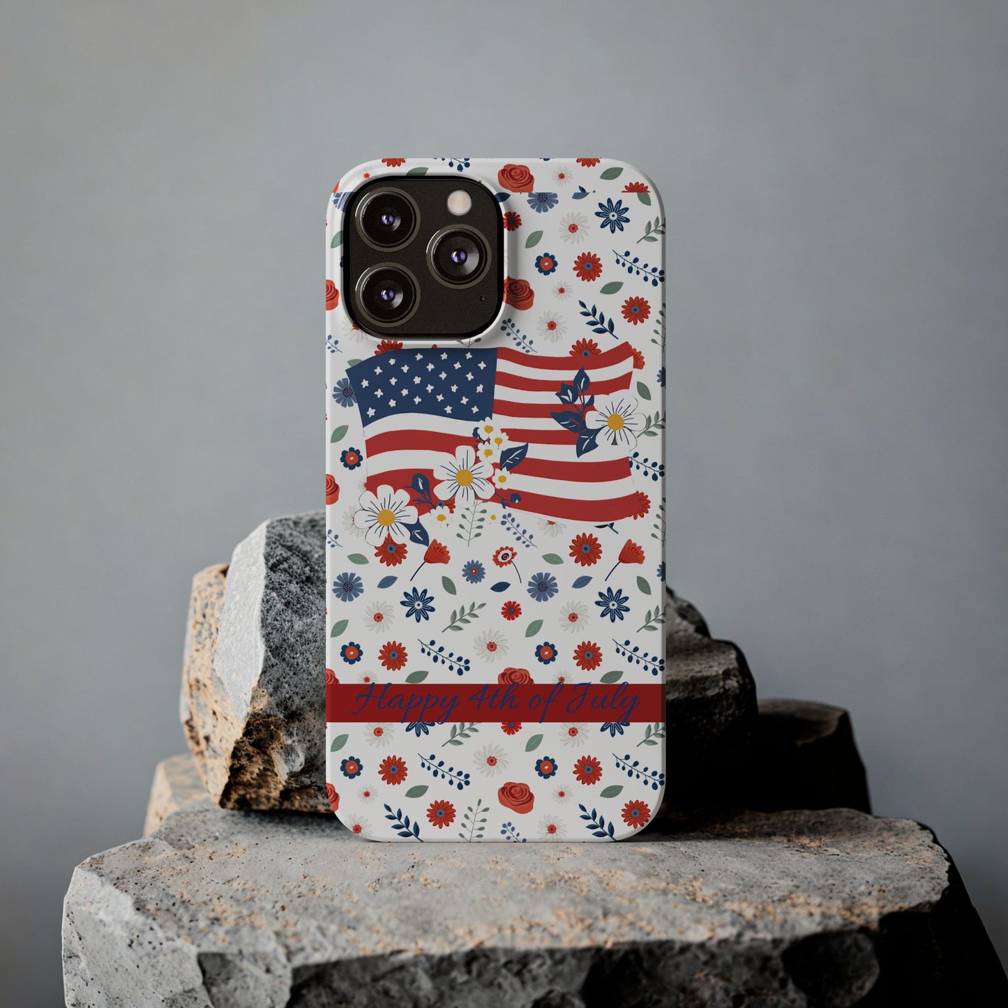 Patriotic Floral Phone Case, Slim Phone Case, USA Flag Case, Fourth of July Gift, Floral Design, Red White Blue Decor
