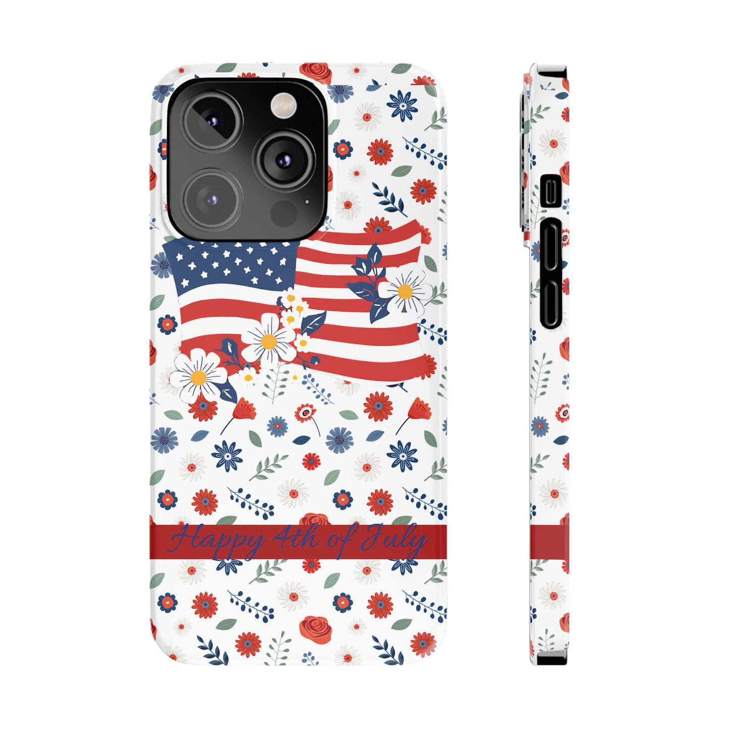 Patriotic Floral Phone Case, Slim Phone Case, USA Flag Case, Fourth of July Gift, Floral Design, Red White Blue Decor