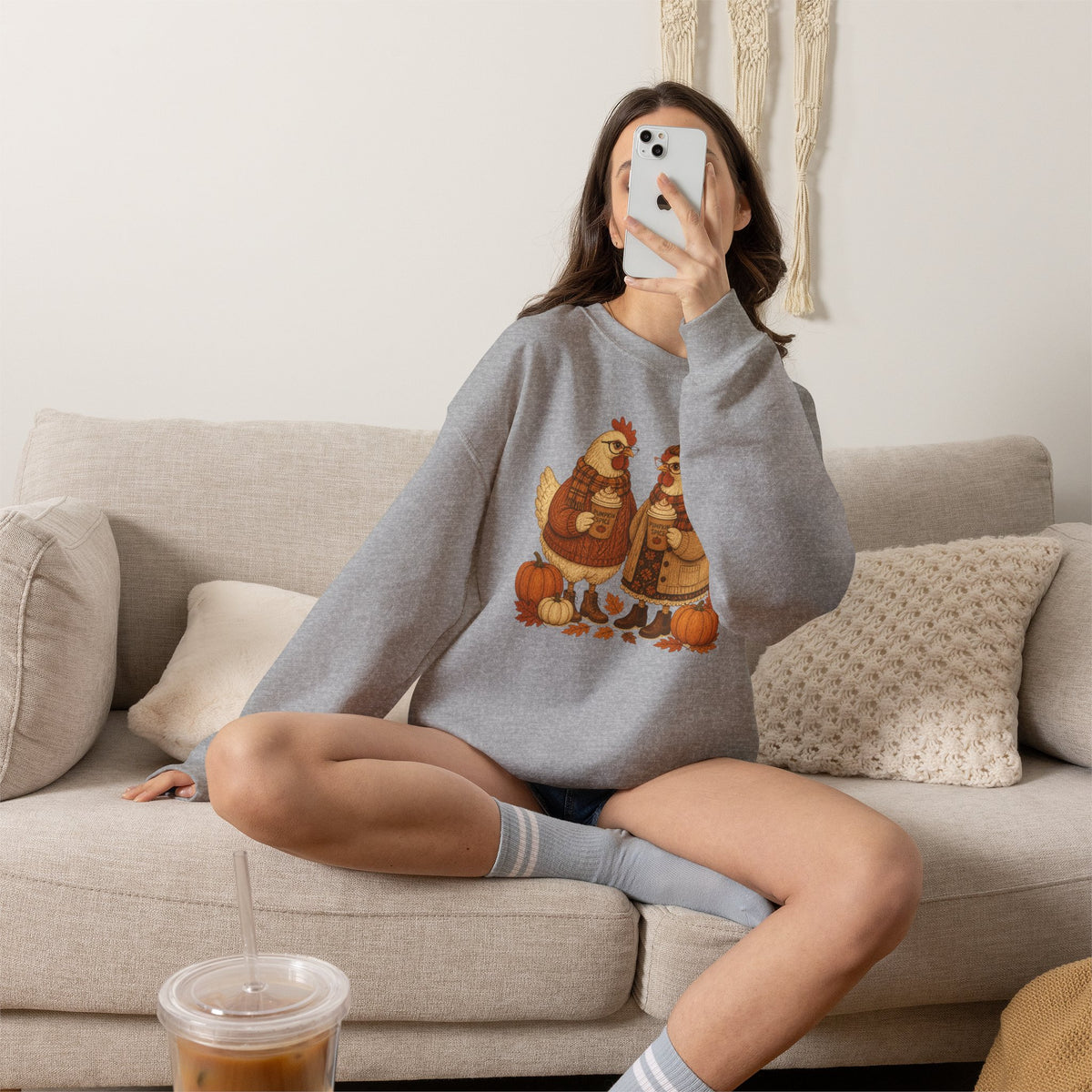 Autumn Chickens Crewneck Sweatshirt — Cozy Fall Pumpkin & Leaves Design
