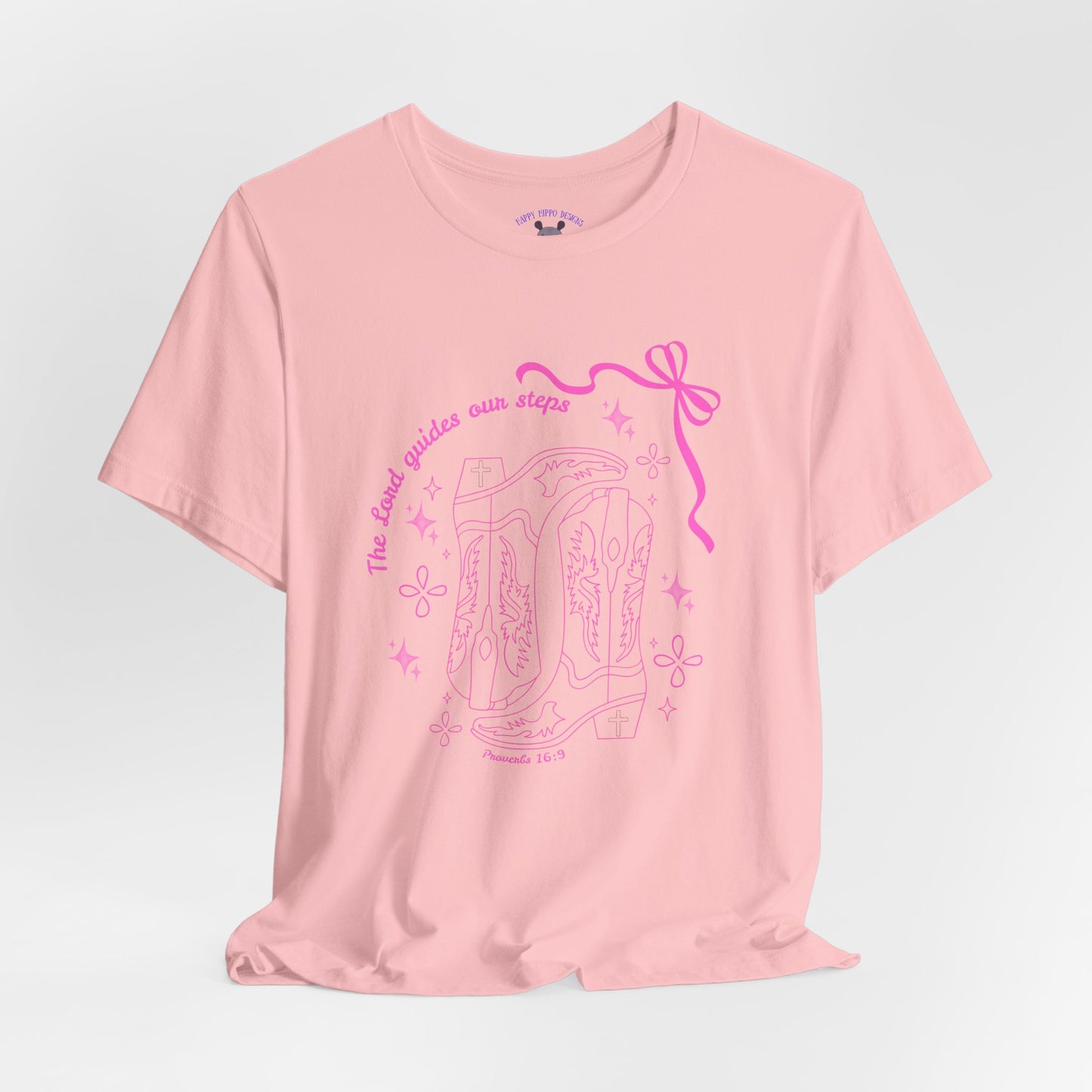 Cute Pink Ribbon Cowgirl Boot T-Shirt — "The Lord Guides Our Steps"