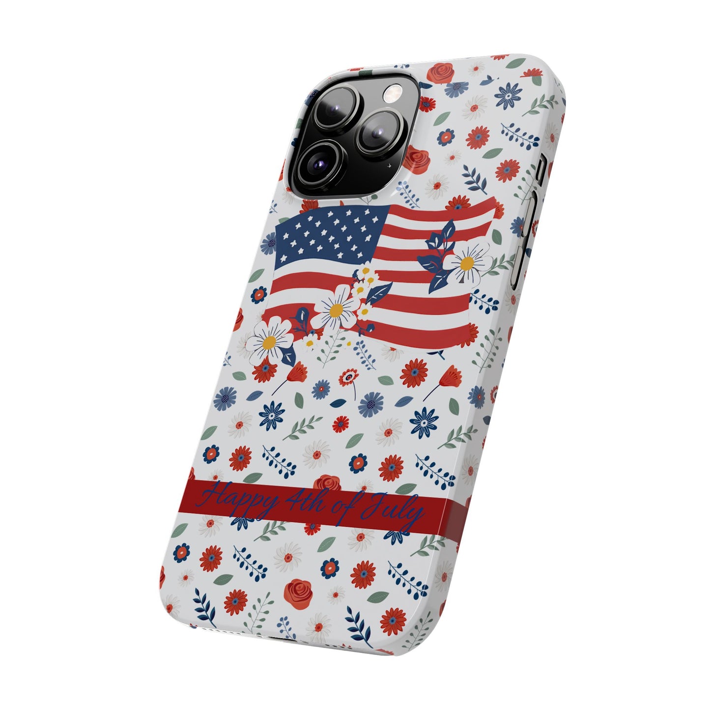 Patriotic Floral Phone Case, Slim Phone Case, USA Flag Case, Fourth of July Gift, Floral Design, Red White Blue Decor