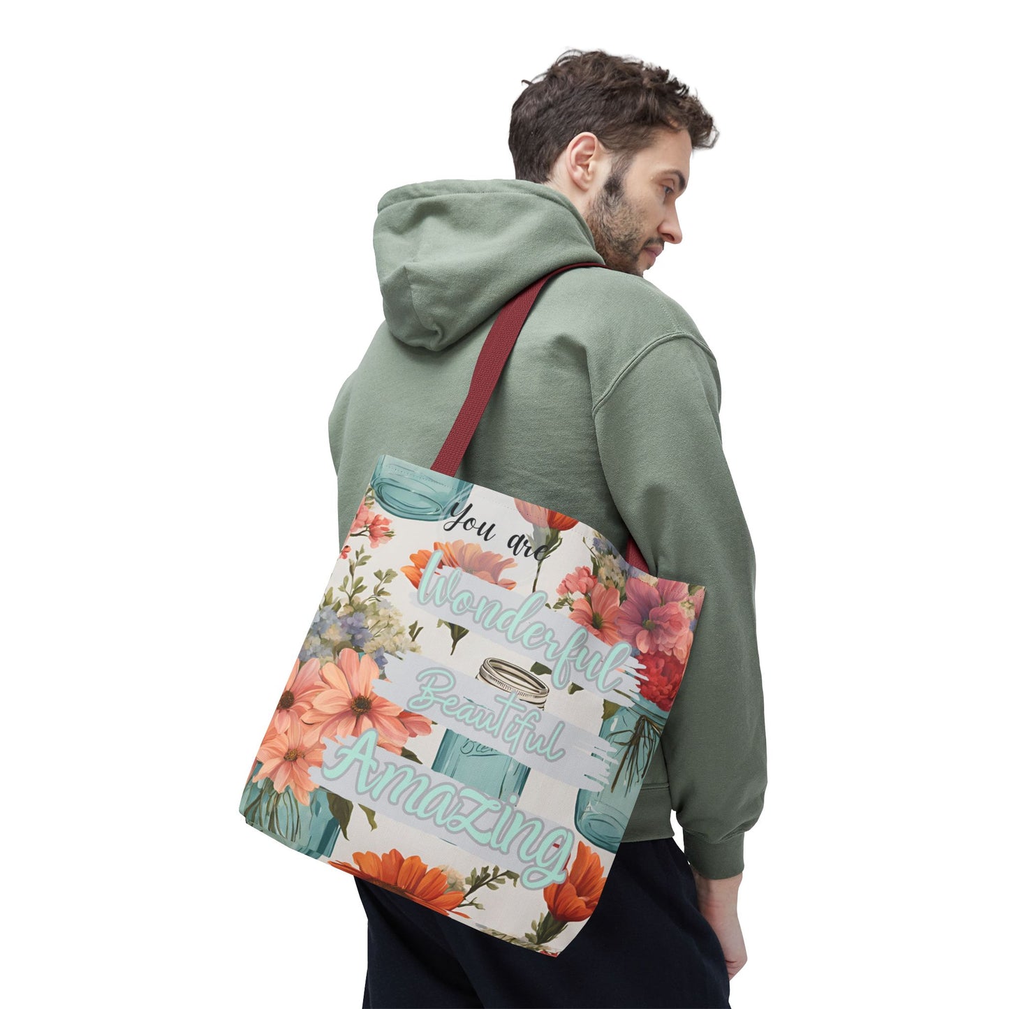 Floral Inspirational Tote Bag - You Are Wonderful, Beautiful, Amazing