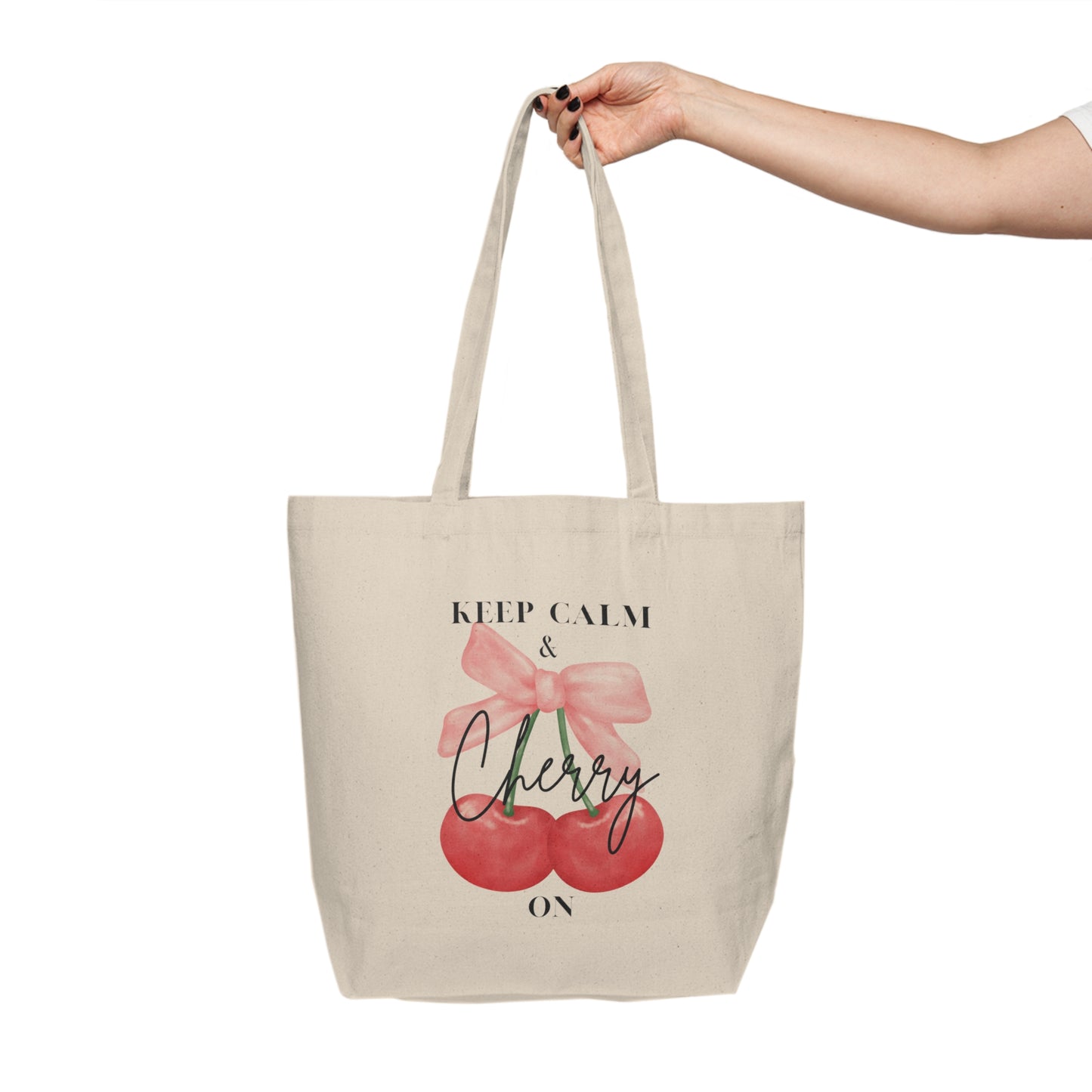 Keep Calm & Cherry On Canvas Tote Bag - Cute Reusable Shopping Bag for Garden Lovers