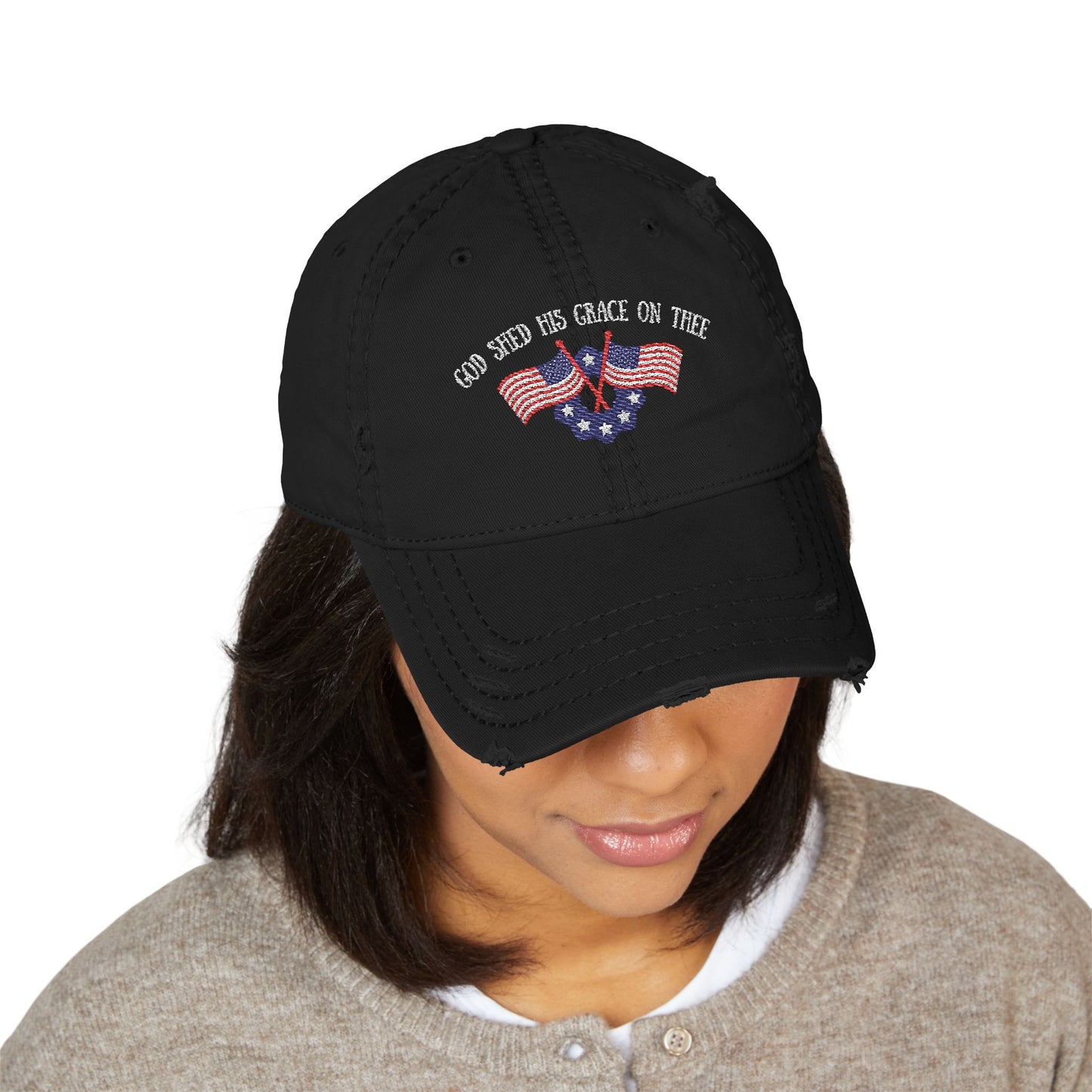 Embroidered Dad Hat - American Flag 'God shed his grace on thee'