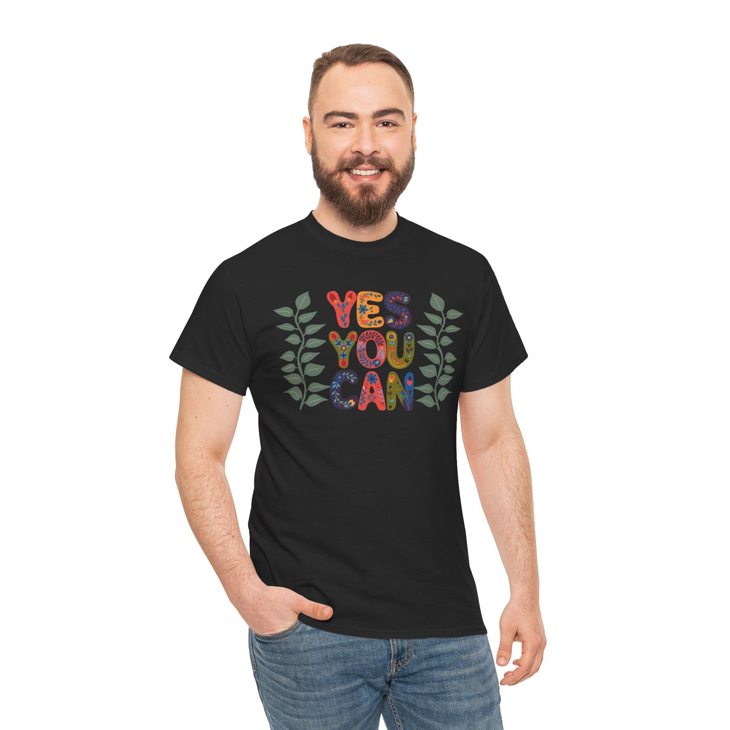 Motivational Unisex Heavy Cotton Tee - 'YES YOU CAN' Floral Design