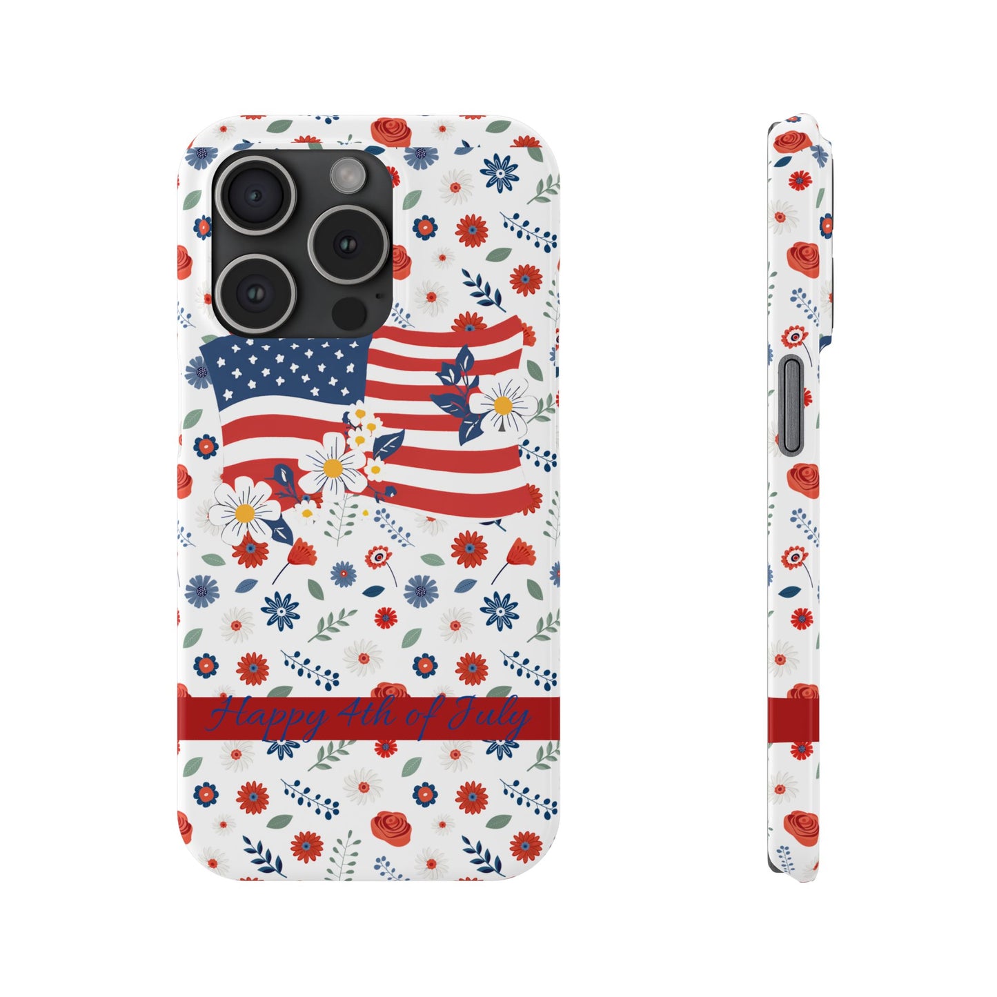 Patriotic Floral Phone Case, Slim Phone Case, USA Flag Case, Fourth of July Gift, Floral Design, Red White Blue Decor