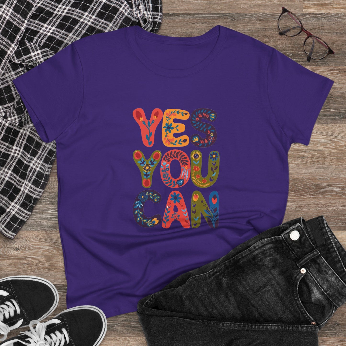 Inspirational Women's Midweight Cotton Tee - "YES YOU CAN"