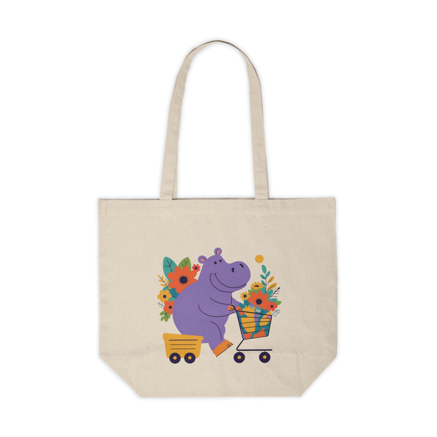 Whimsical Hippo Canvas Shopping Tote - Fun Floral Design for Everyday Use