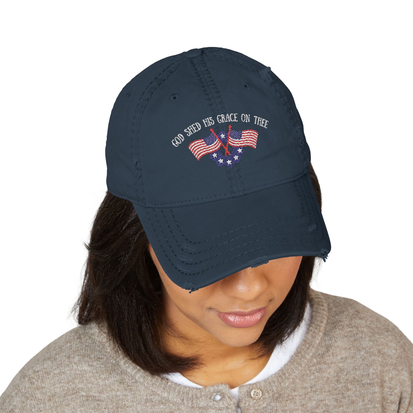 Embroidered Dad Hat - American Flag 'God shed his grace on thee'