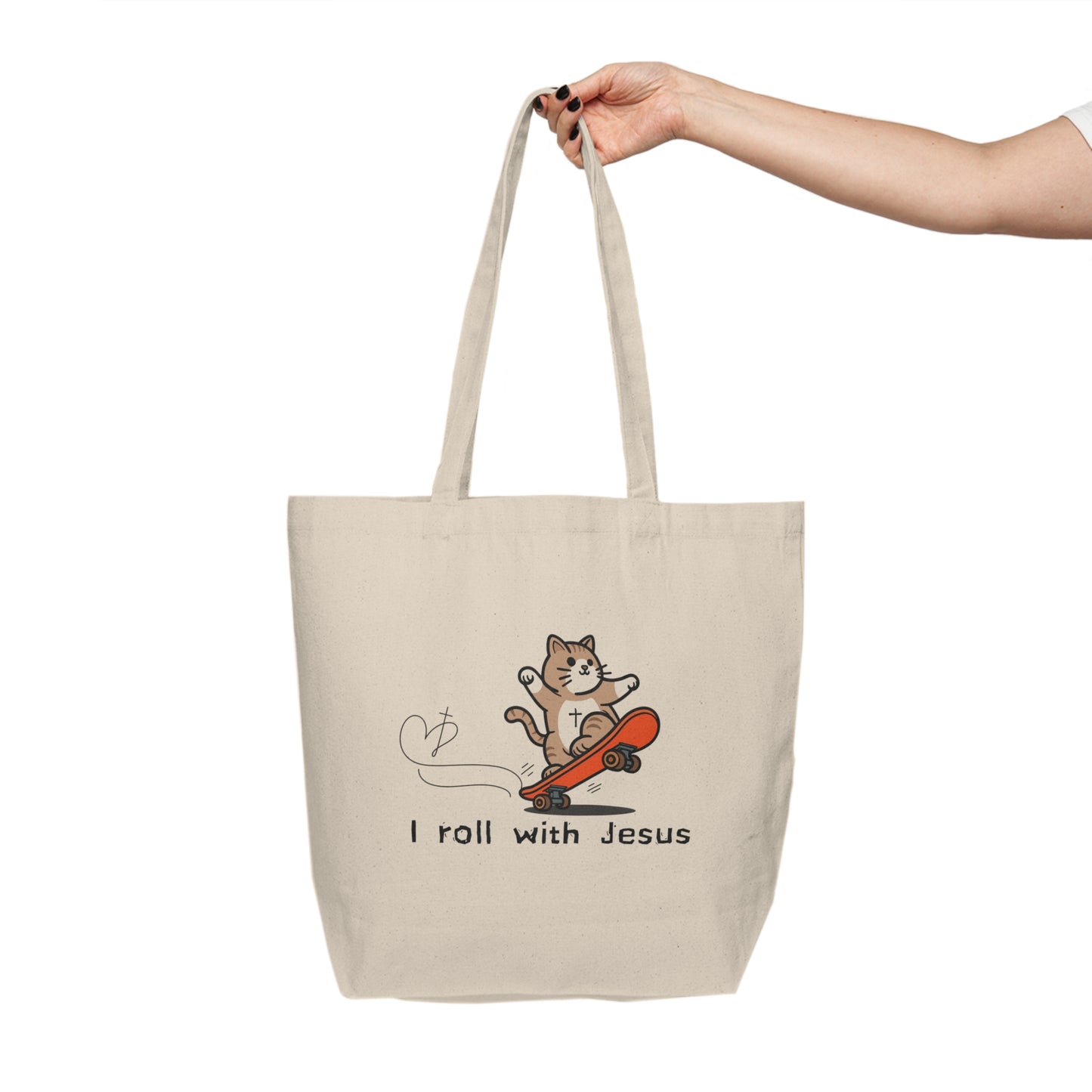 Canvas Tote Bag - Skateboarding Cat 'I Roll with Jesus'