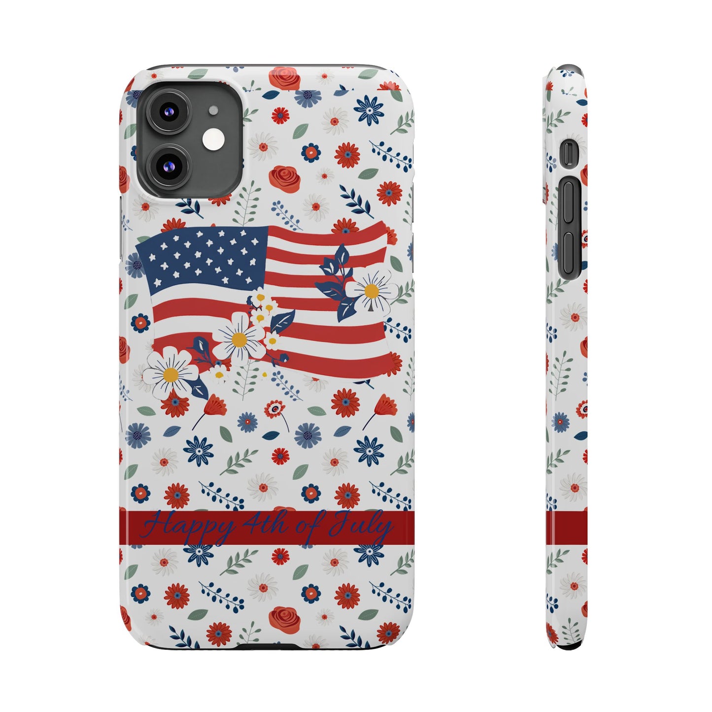 Patriotic Floral Phone Case, Slim Phone Case, USA Flag Case, Fourth of July Gift, Floral Design, Red White Blue Decor