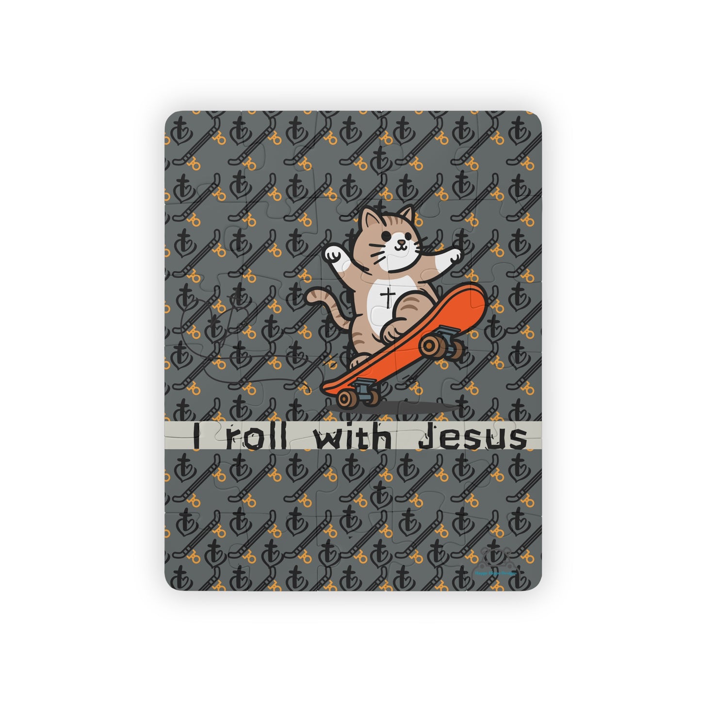 Kids Puzzle, Skateboarding Cat with Saying 'I Roll with Jesus', 30-Piece