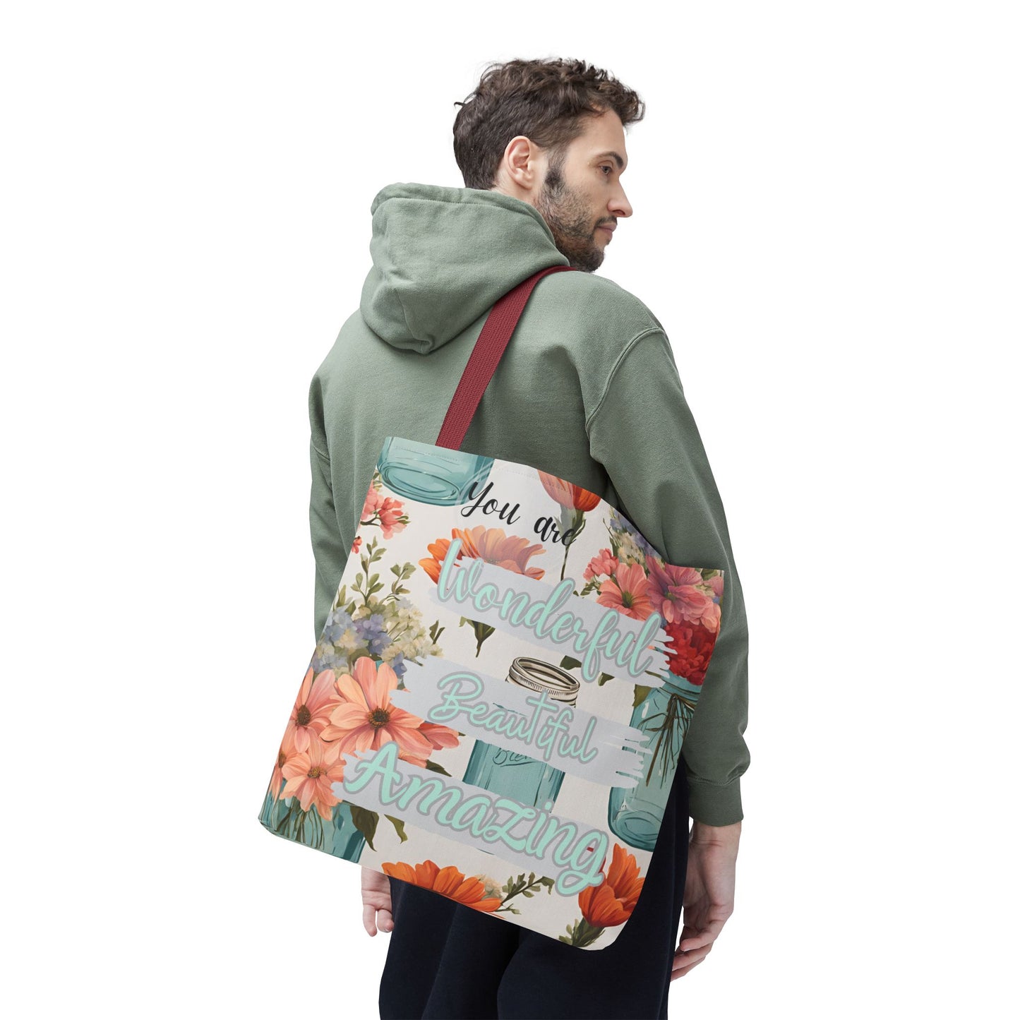 Floral Inspirational Tote Bag - You Are Wonderful, Beautiful, Amazing