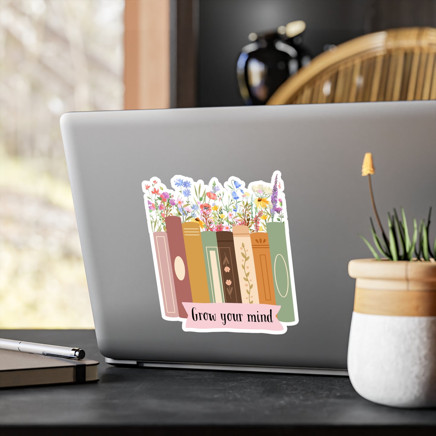 Grow Your Mind Floral Book Stickers - Inspirational Kiss-Cut Vinyl Decals for Book Lovers