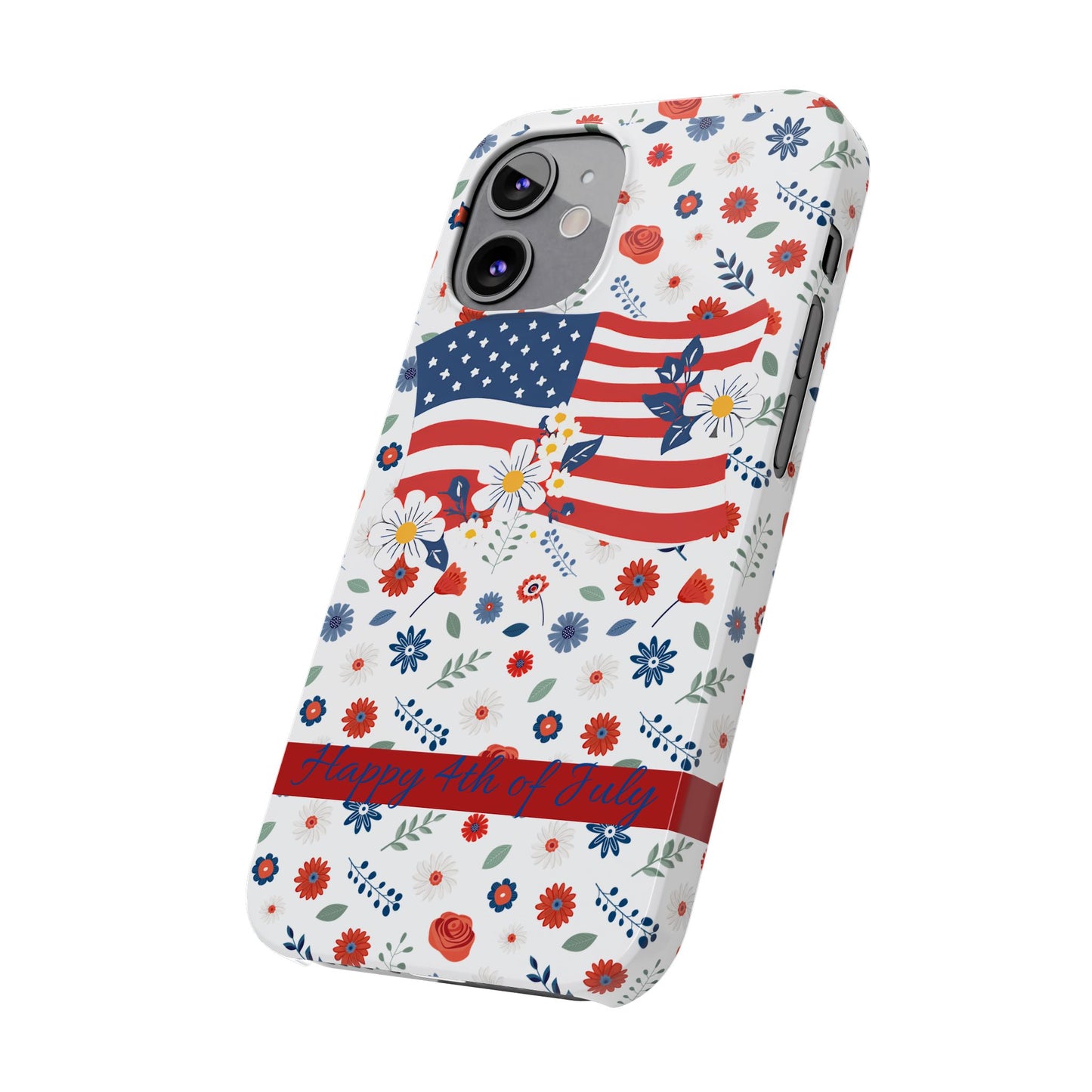 Patriotic Floral Phone Case, Slim Phone Case, USA Flag Case, Fourth of July Gift, Floral Design, Red White Blue Decor