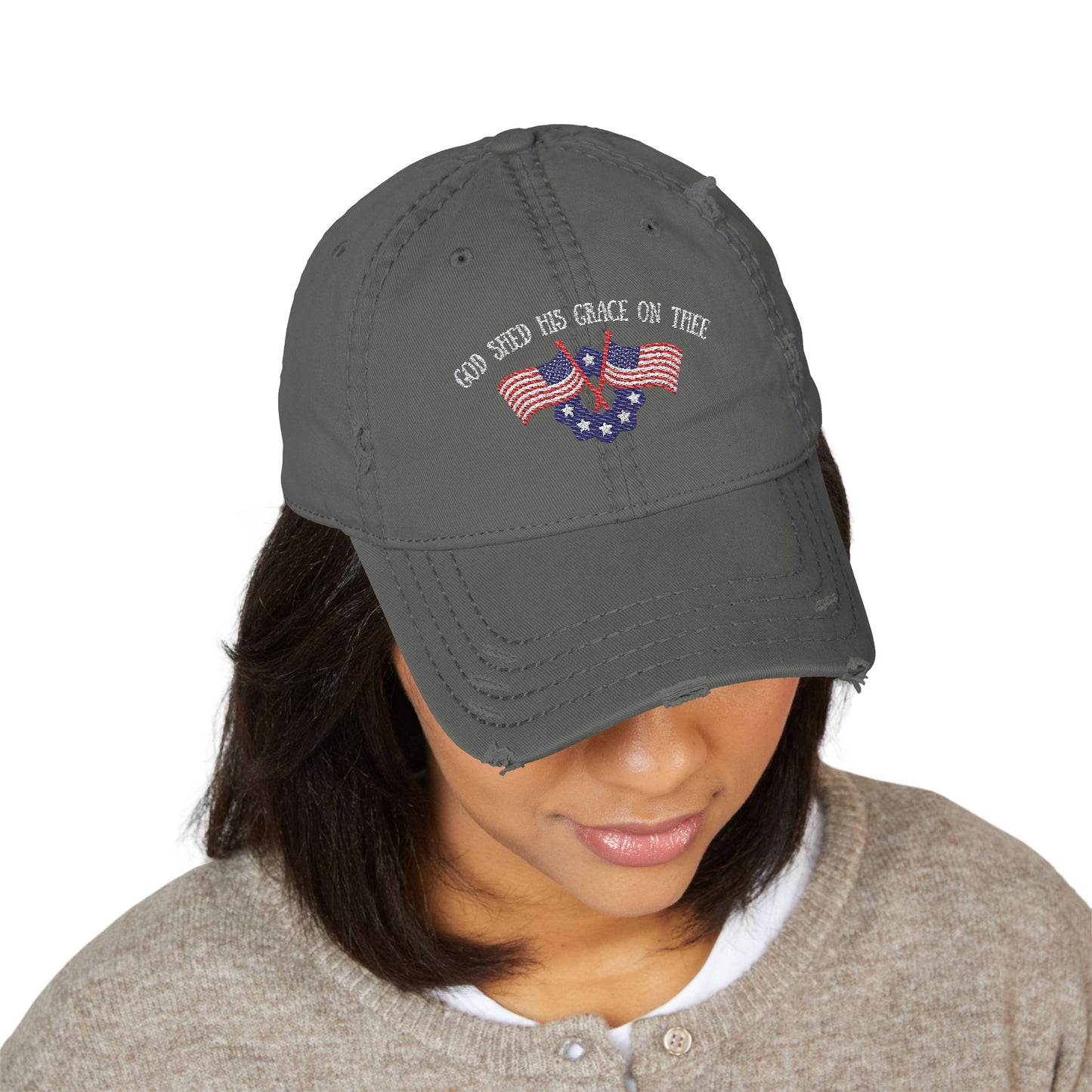 Embroidered Dad Hat - American Flag 'God shed his grace on thee'