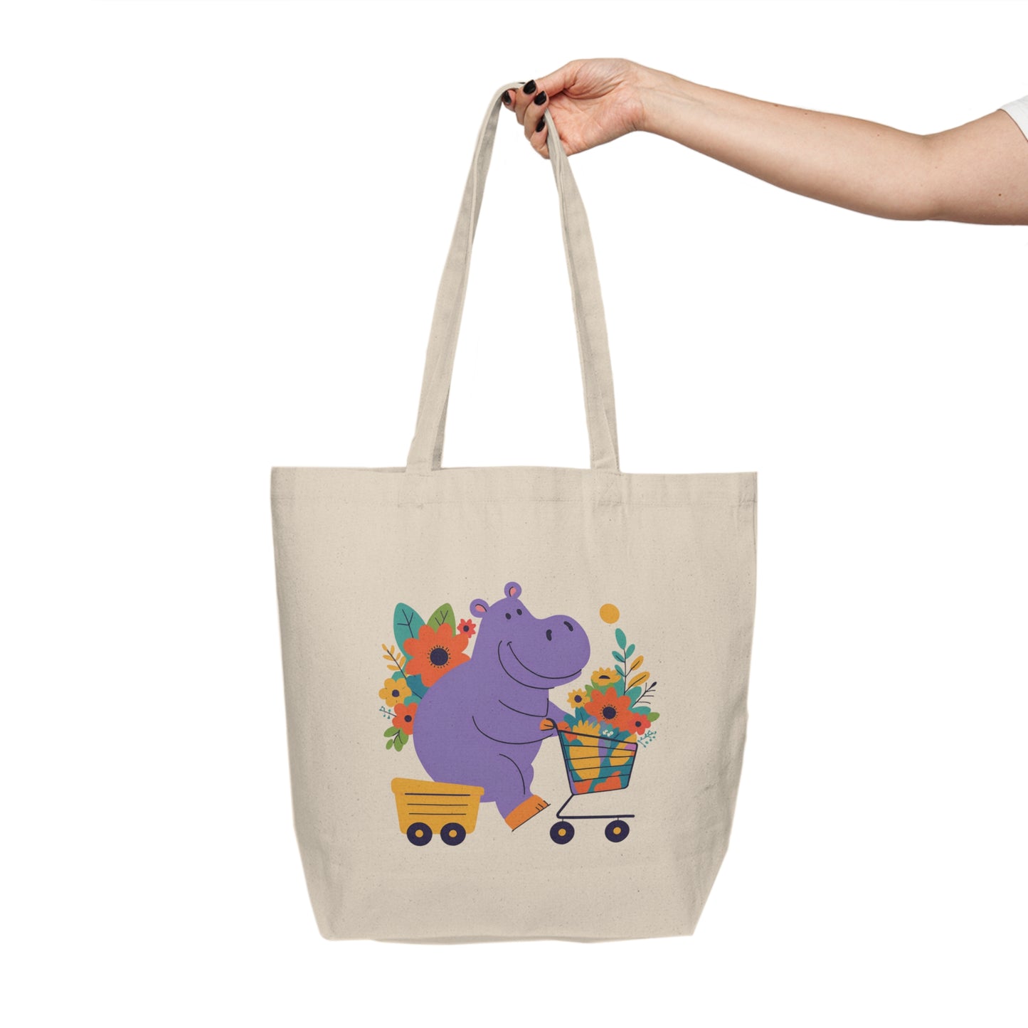 Whimsical Hippo Canvas Shopping Tote - Fun Floral Design for Everyday Use