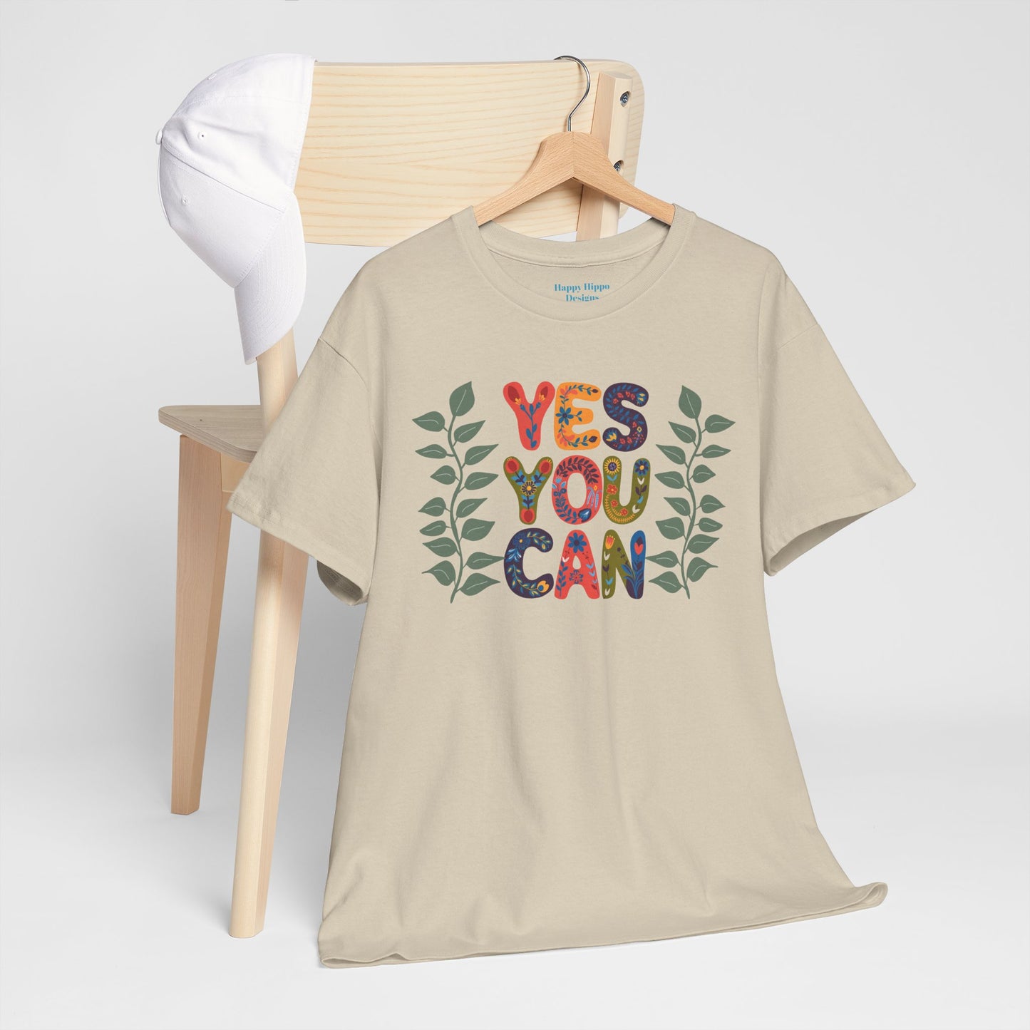 Motivational Unisex Heavy Cotton Tee - 'YES YOU CAN' Floral Design