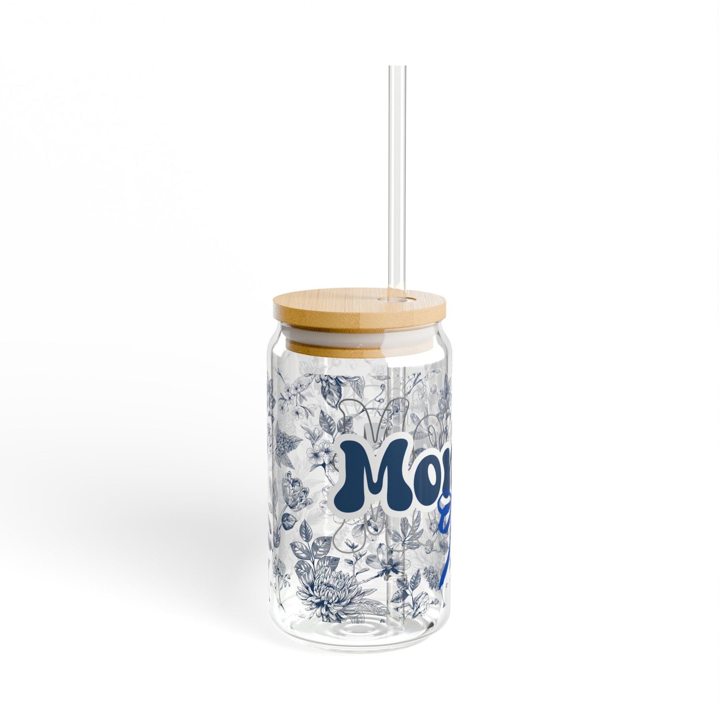 Sipper Glass Chinoiserie Floral Design for Mommy with Blue Bow - Mother's Day Gift