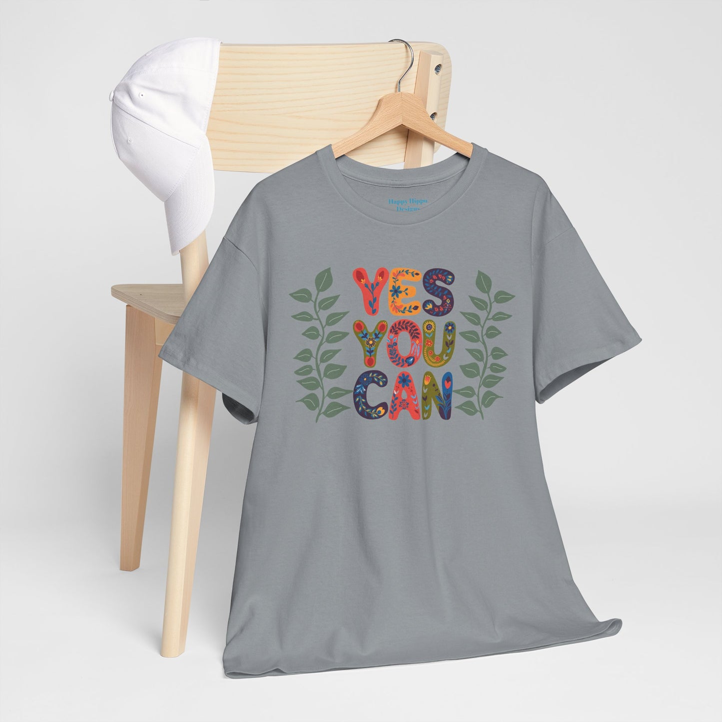 Motivational Unisex Heavy Cotton Tee - 'YES YOU CAN' Floral Design