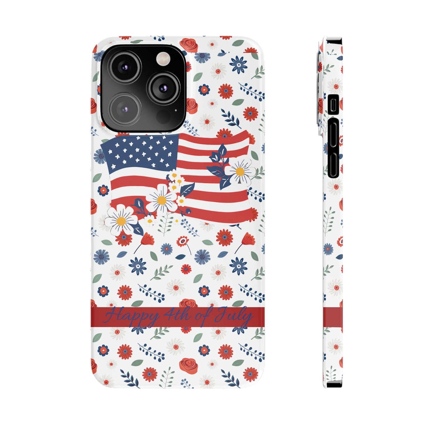 Patriotic Floral Phone Case, Slim Phone Case, USA Flag Case, Fourth of July Gift, Floral Design, Red White Blue Decor