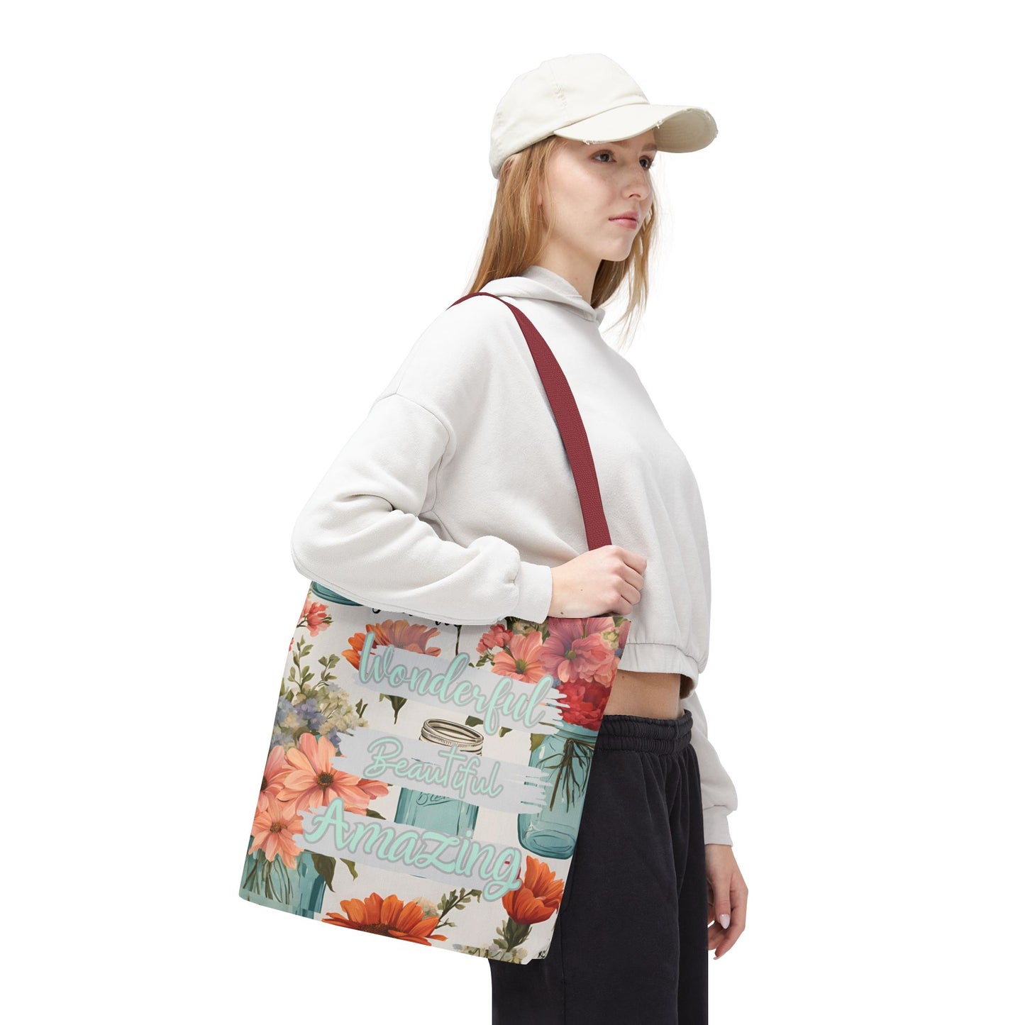 Floral Inspirational Tote Bag - You Are Wonderful, Beautiful, Amazing