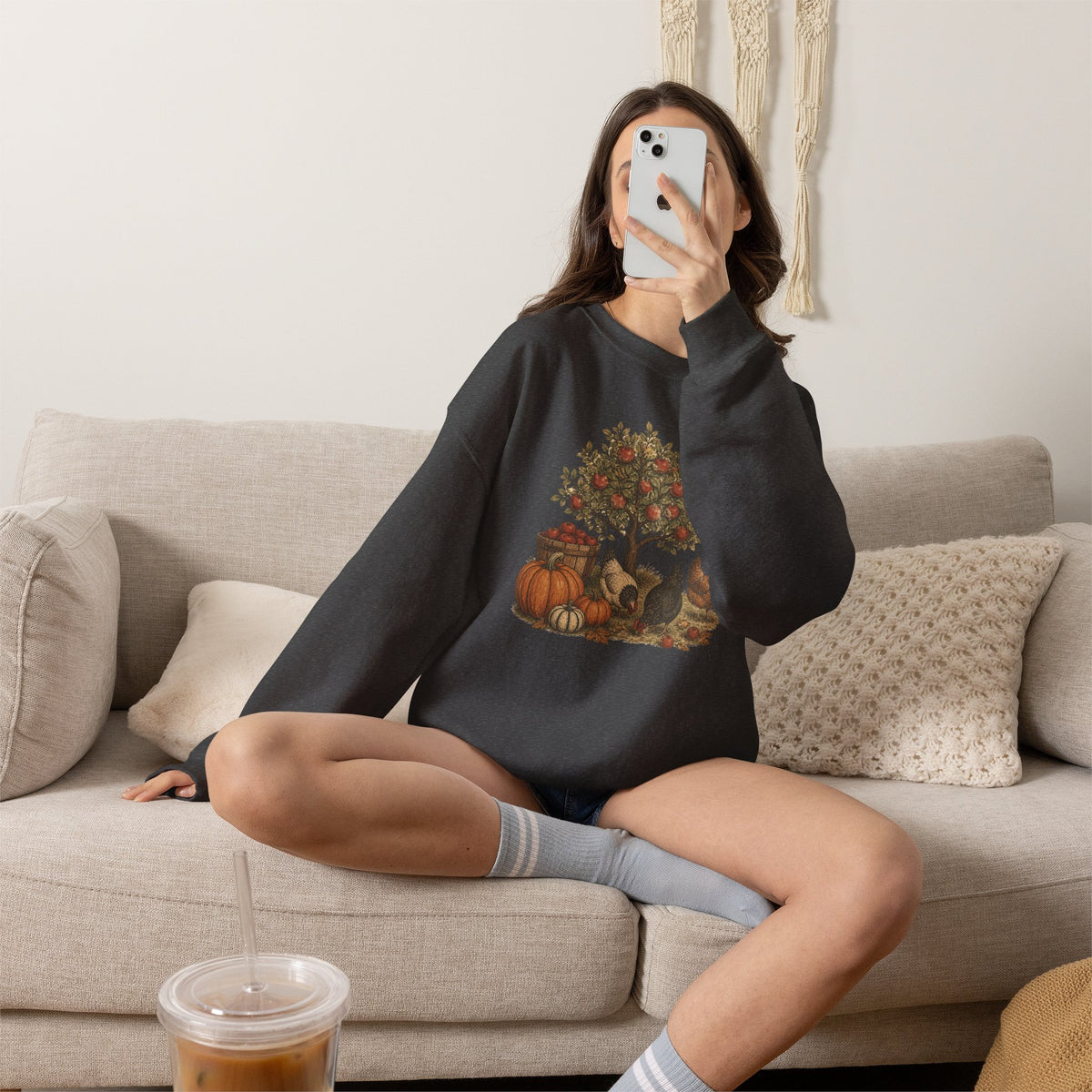 Fall Harvest Crewneck Sweatshirt — Pumpkin & Chicken Autumn Graphic