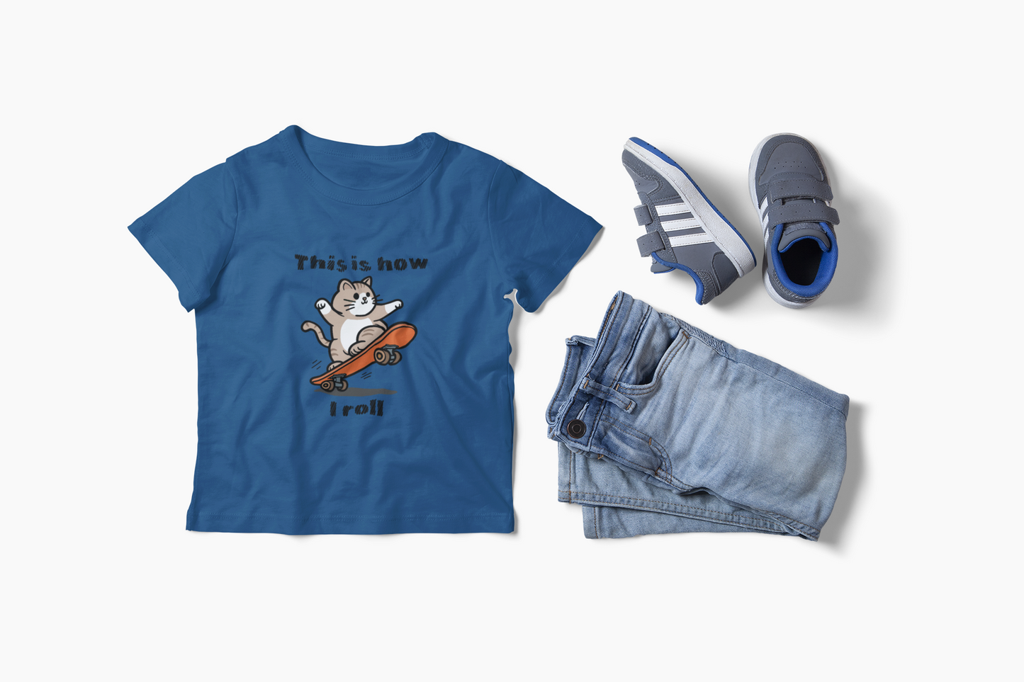 Kids Skateboarding Tee - Cool Cat 'This is How I Roll' Design