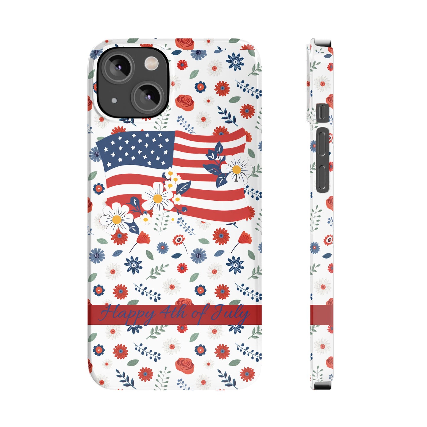 Patriotic Floral Phone Case, Slim Phone Case, USA Flag Case, Fourth of July Gift, Floral Design, Red White Blue Decor