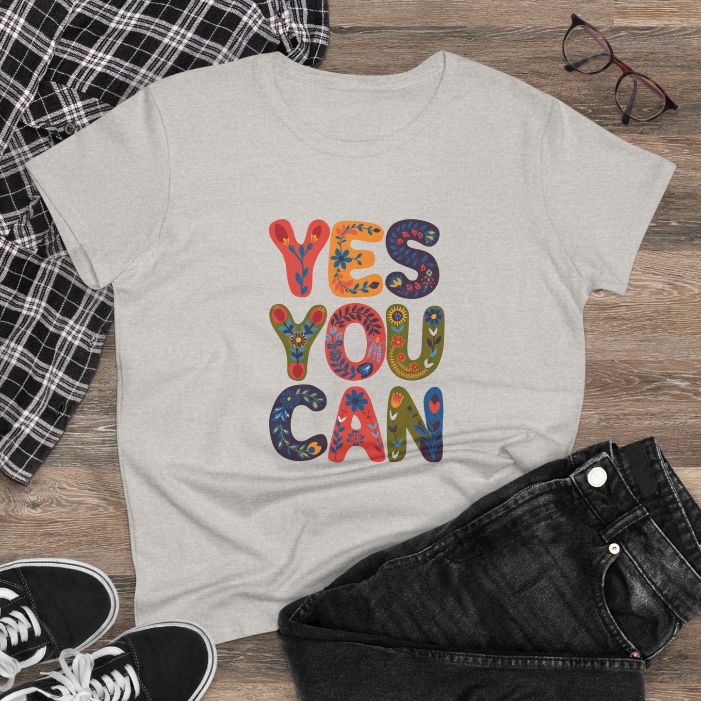 Inspirational Women's Midweight Cotton Tee - "YES YOU CAN"