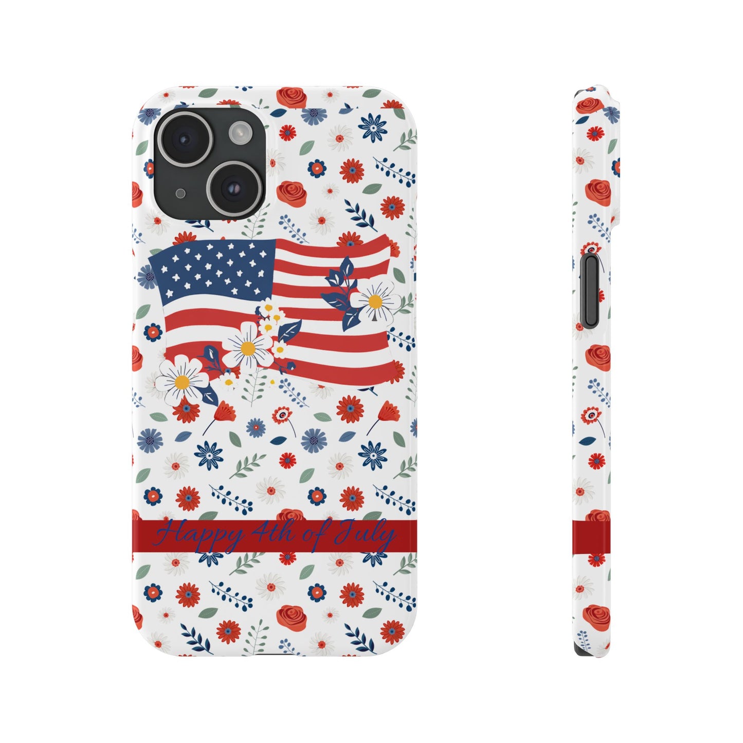Patriotic Floral Phone Case, Slim Phone Case, USA Flag Case, Fourth of July Gift, Floral Design, Red White Blue Decor