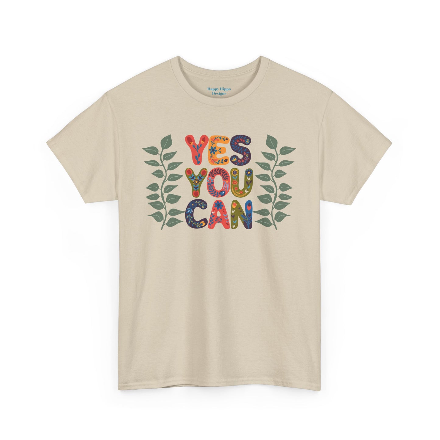Motivational Unisex Heavy Cotton Tee - 'YES YOU CAN' Floral Design