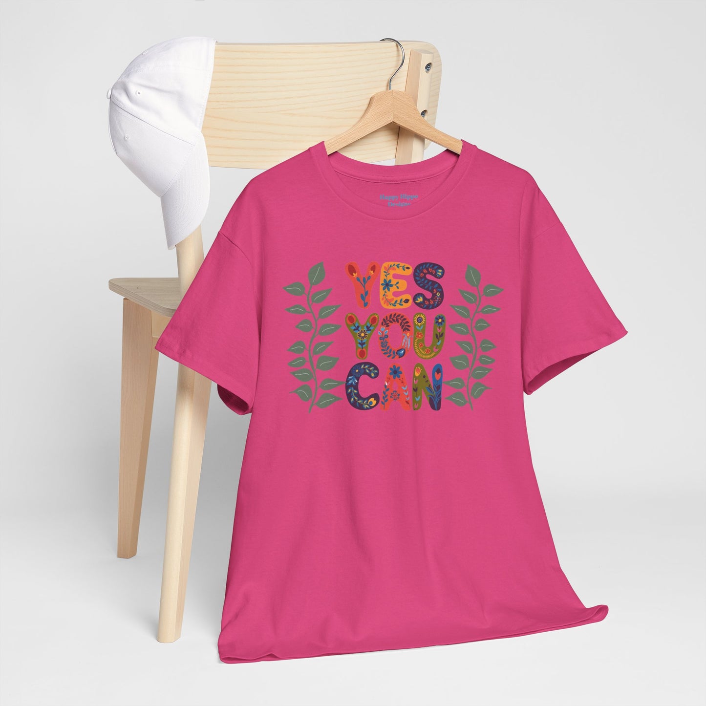 Motivational Unisex Heavy Cotton Tee - 'YES YOU CAN' Floral Design