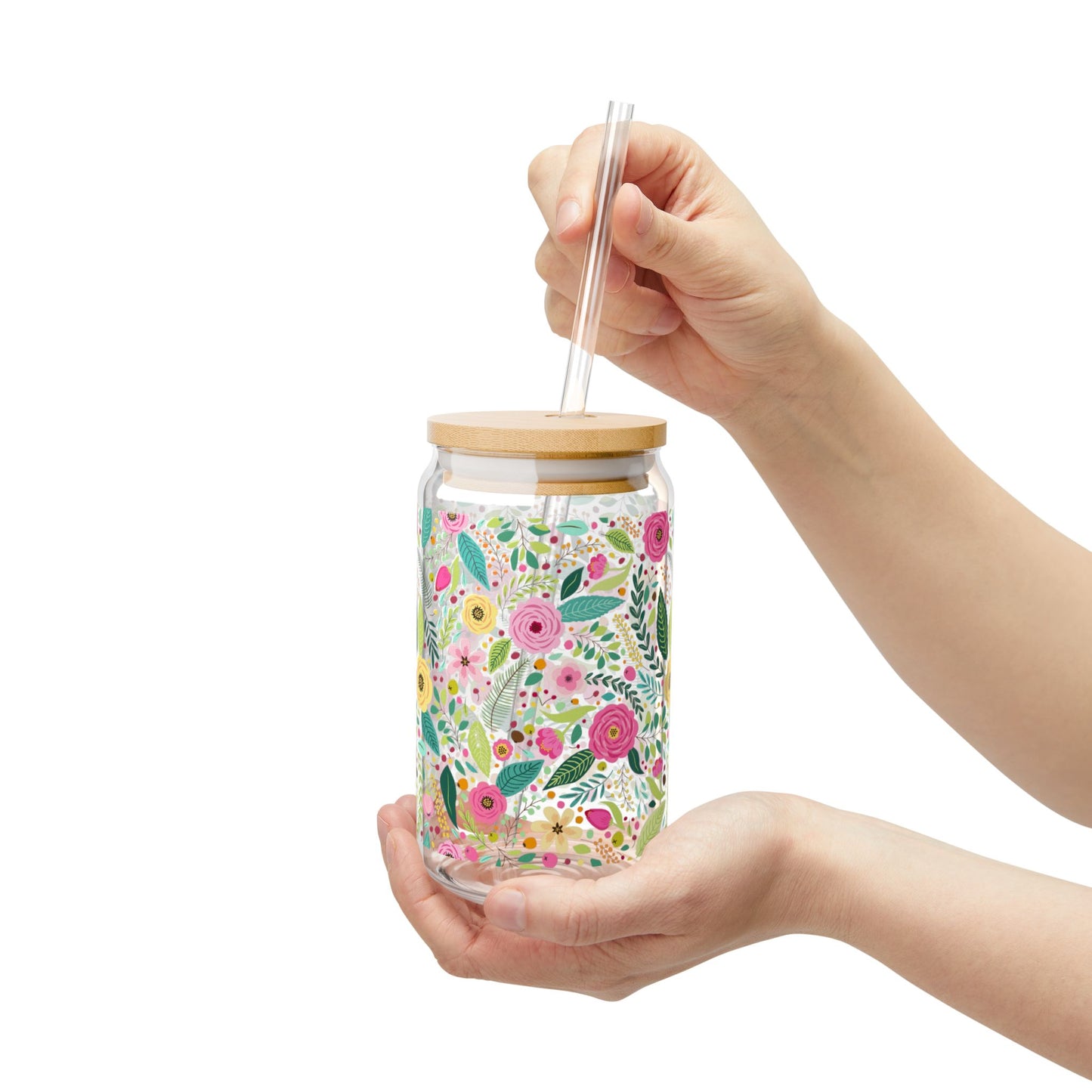 Floral Design 16oz Sipper Glass with Bamboo Lid