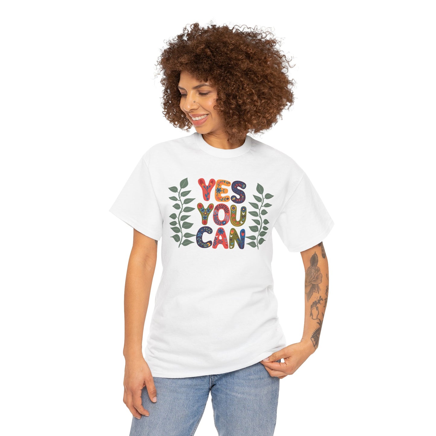 Motivational Unisex Heavy Cotton Tee - 'YES YOU CAN' Floral Design